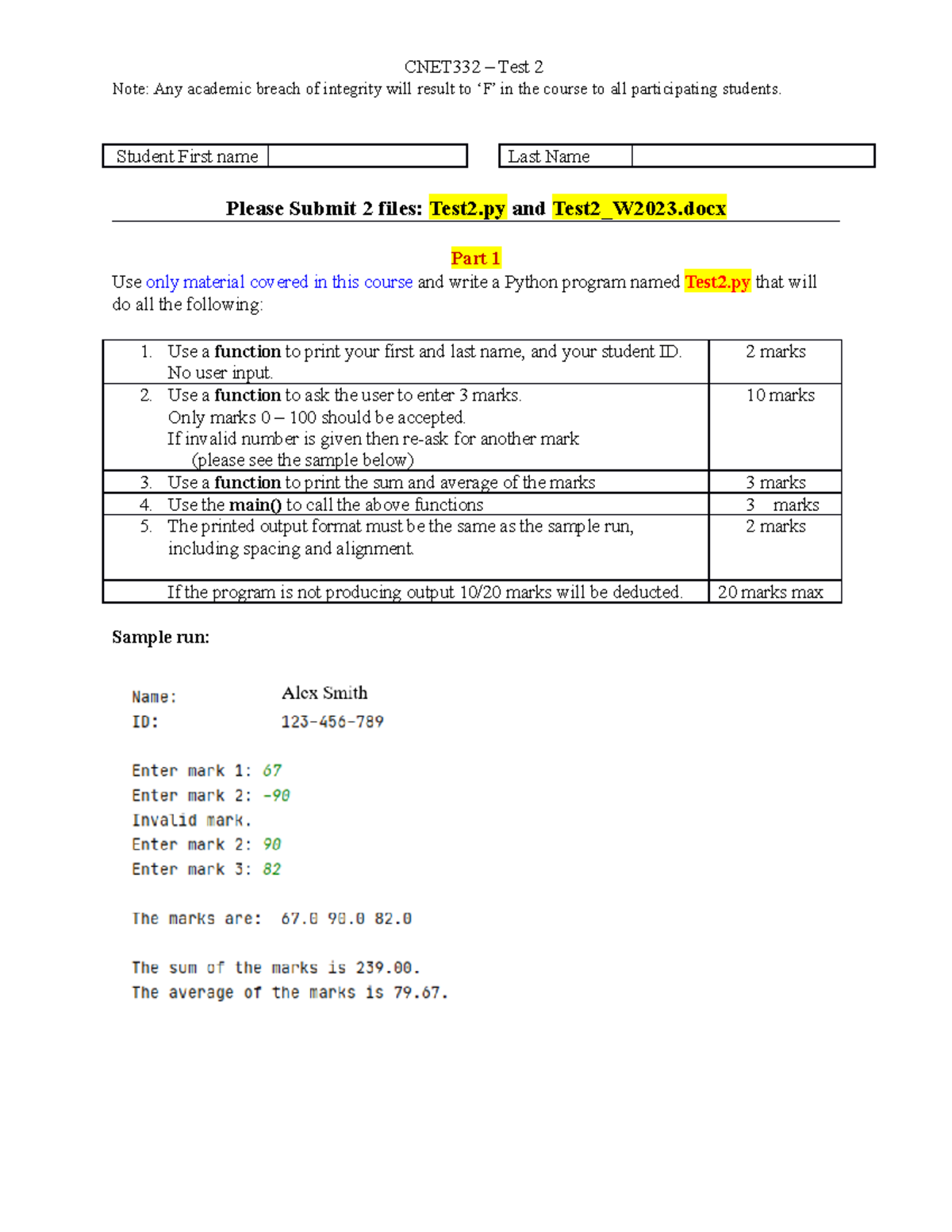 Test2 W2023 - python - Note: Any academic breach of integrity will ...