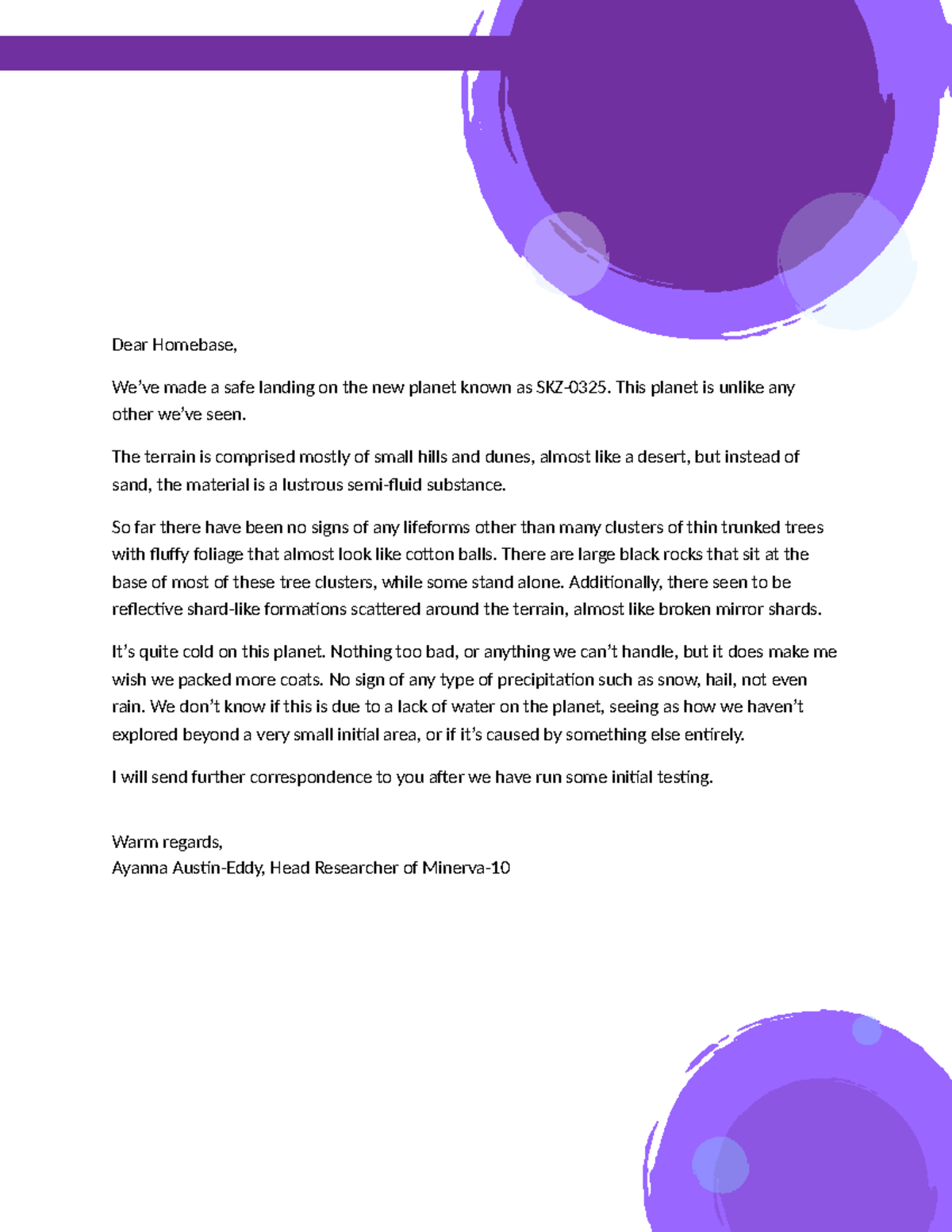 Dear Homebase - write a letter as though you are a space explorer that ...