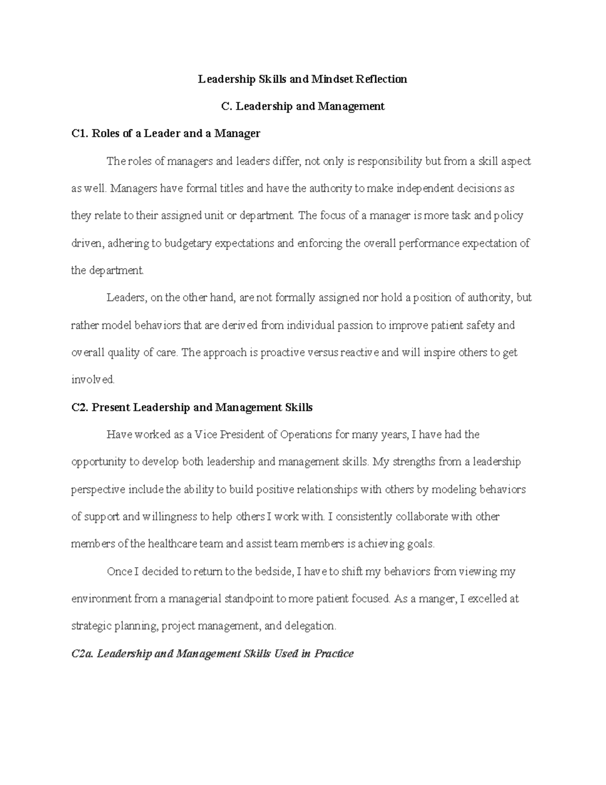 Leadership Skills and Mindset Reflection - Leadership and Management C1 ...