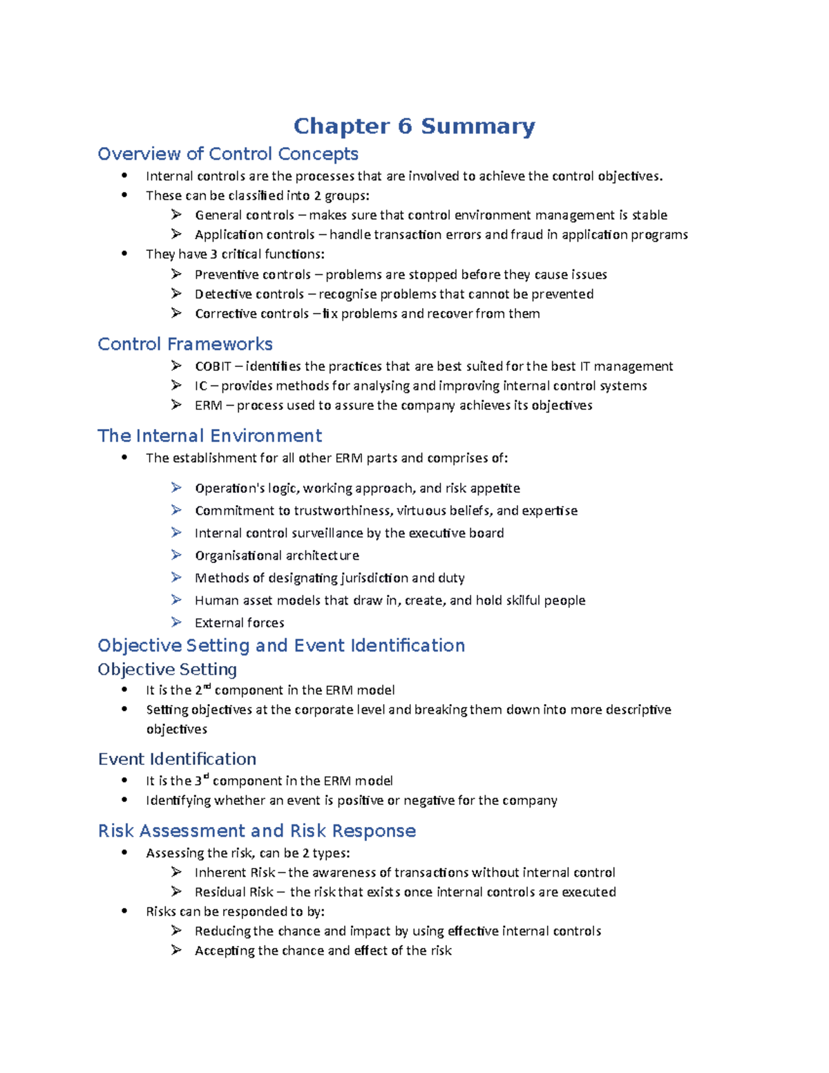 Week 6 Chapter 6 Summary - Chapter 6 Summary Overview of Control ...