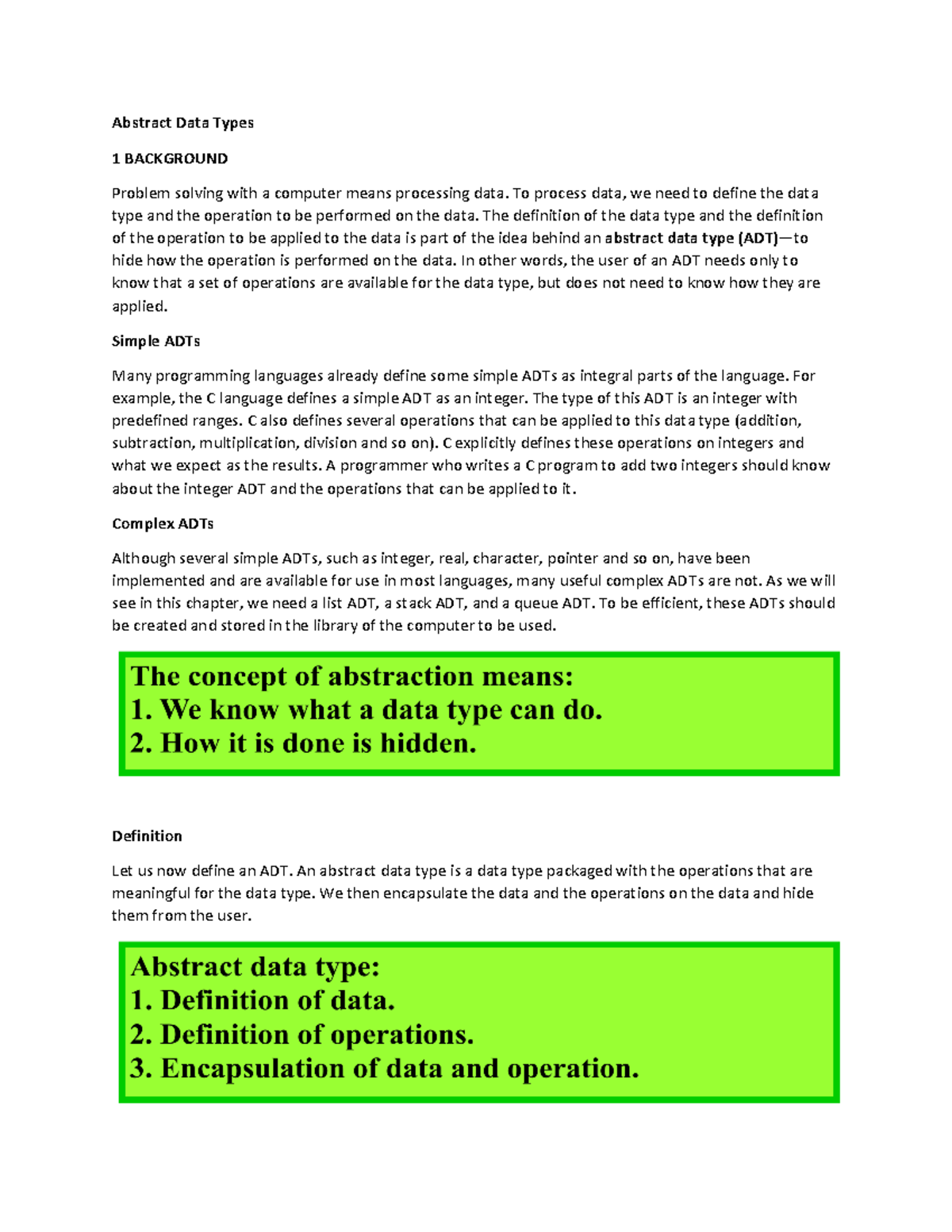 ADT's - COMPUTER SCIENCE NOTES - Abstract Data Types 1 BACKGROUND ...