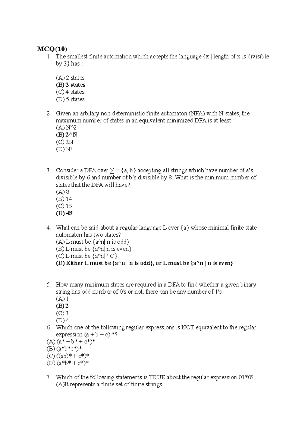 Gate Question Bank MCQ(10) The smallest finite automation which