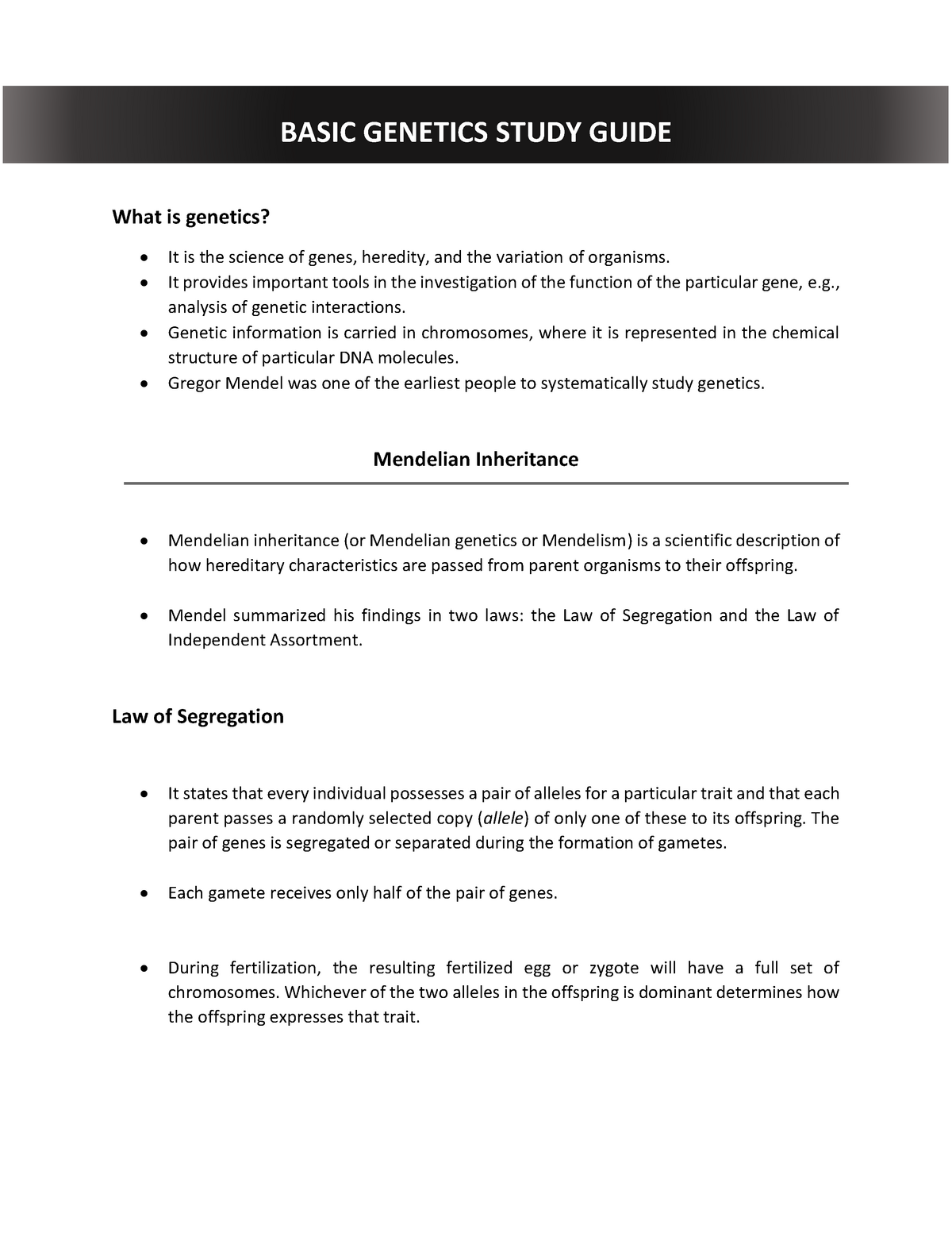 Basic Genetics Study Guide - Genetics Lec And Lab - Studocu