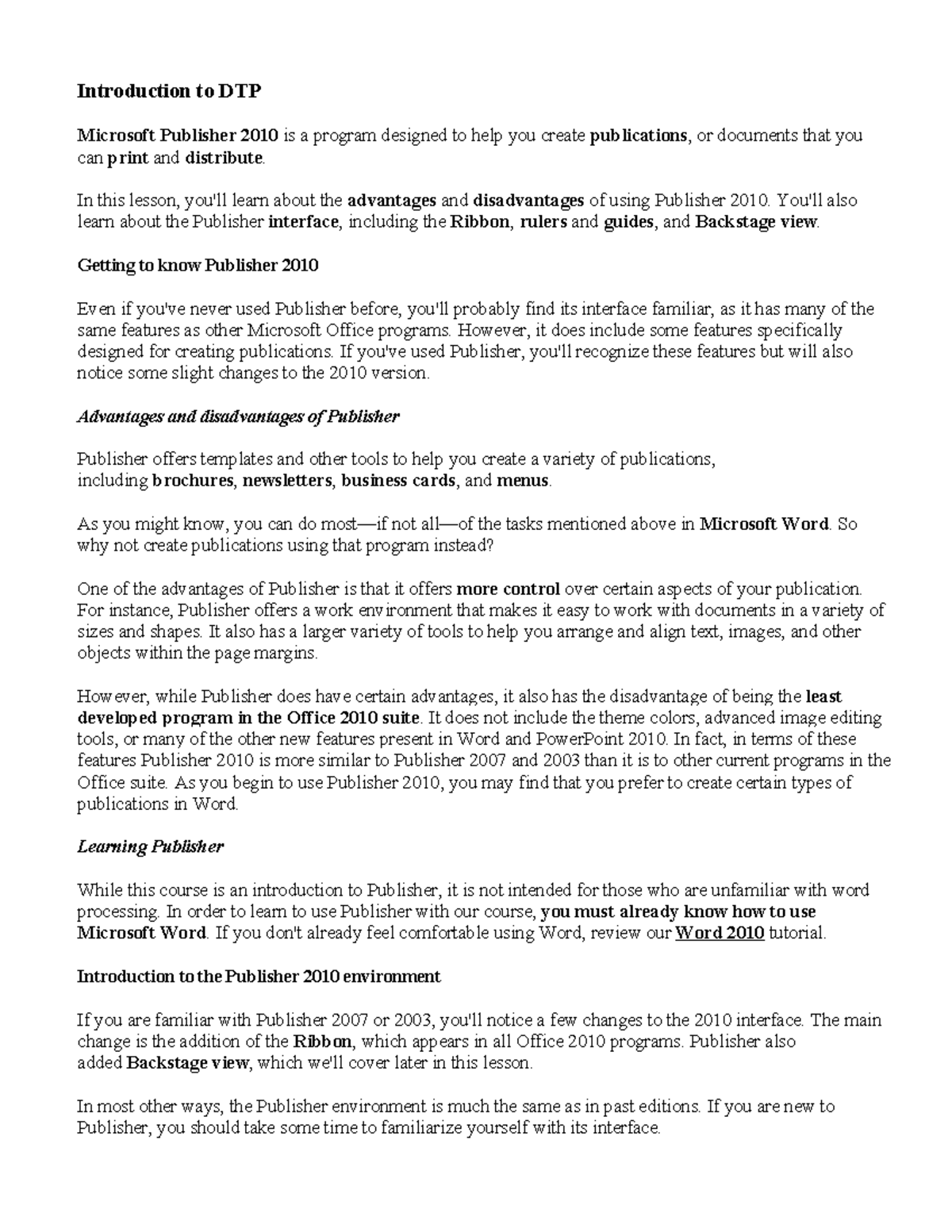 Publisher - Summariz - Introduction to DTP Microsoft Publisher 2010 is ...