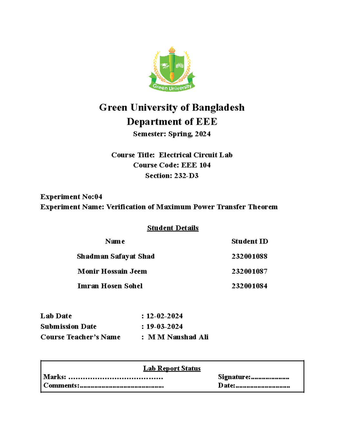 EEE 103 Lab report sample - Green University of Bangladesh Department ...
