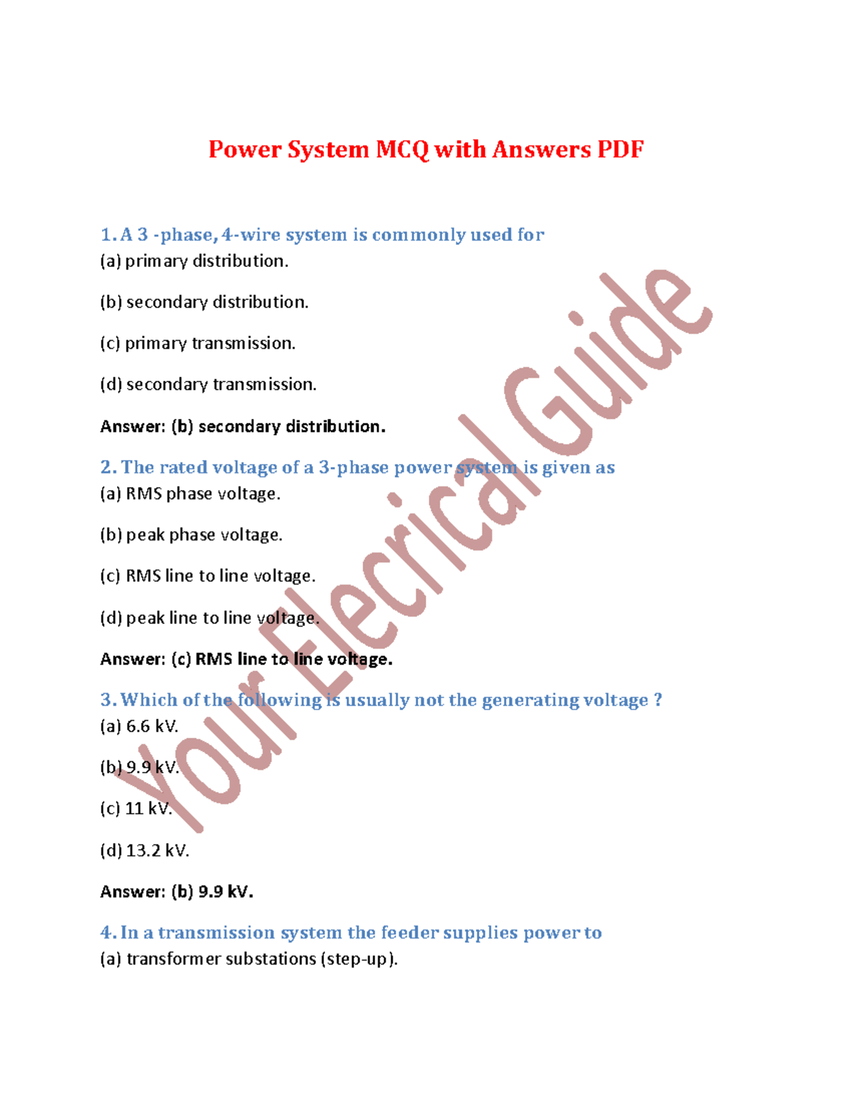 Power System MCQ with Answers PDF (b) secondary distribution. (c