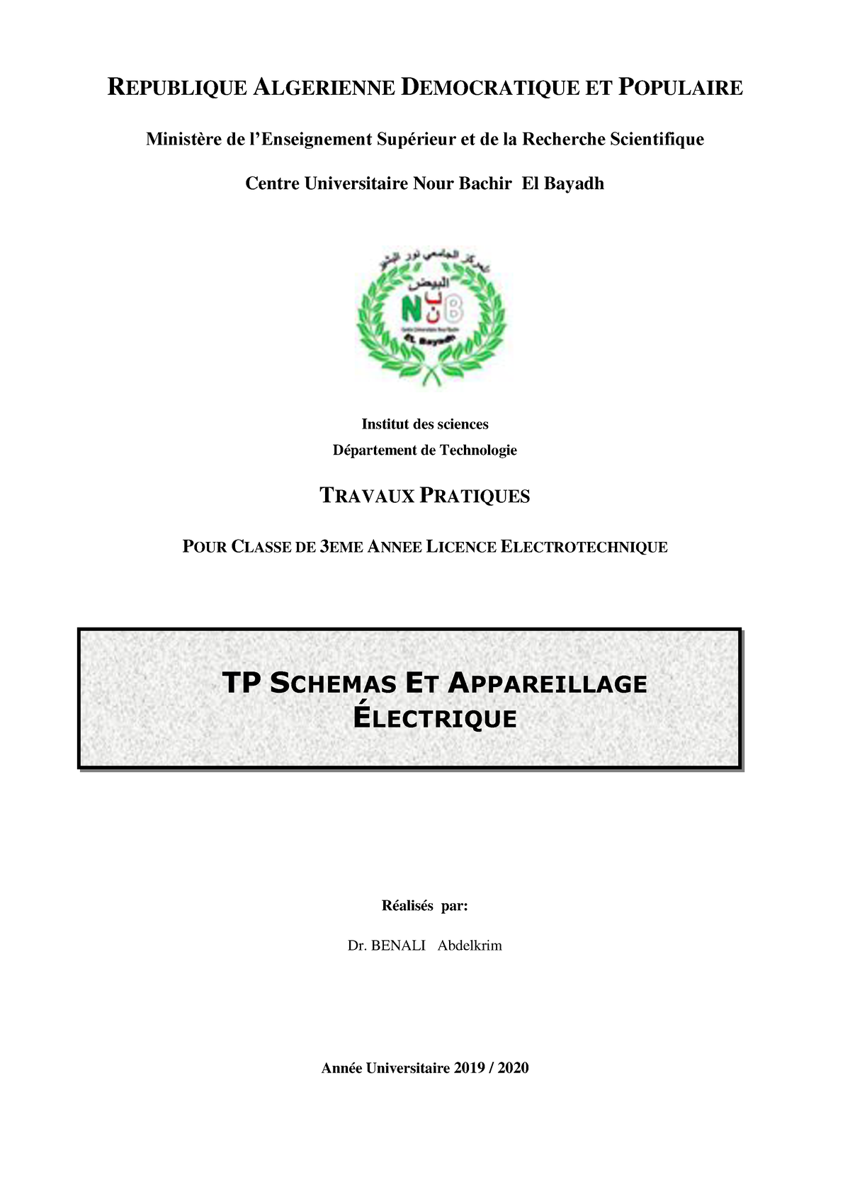 TP Schemas Et Appareillages électriques - REPUBLIQUE ALGERIENNE ...