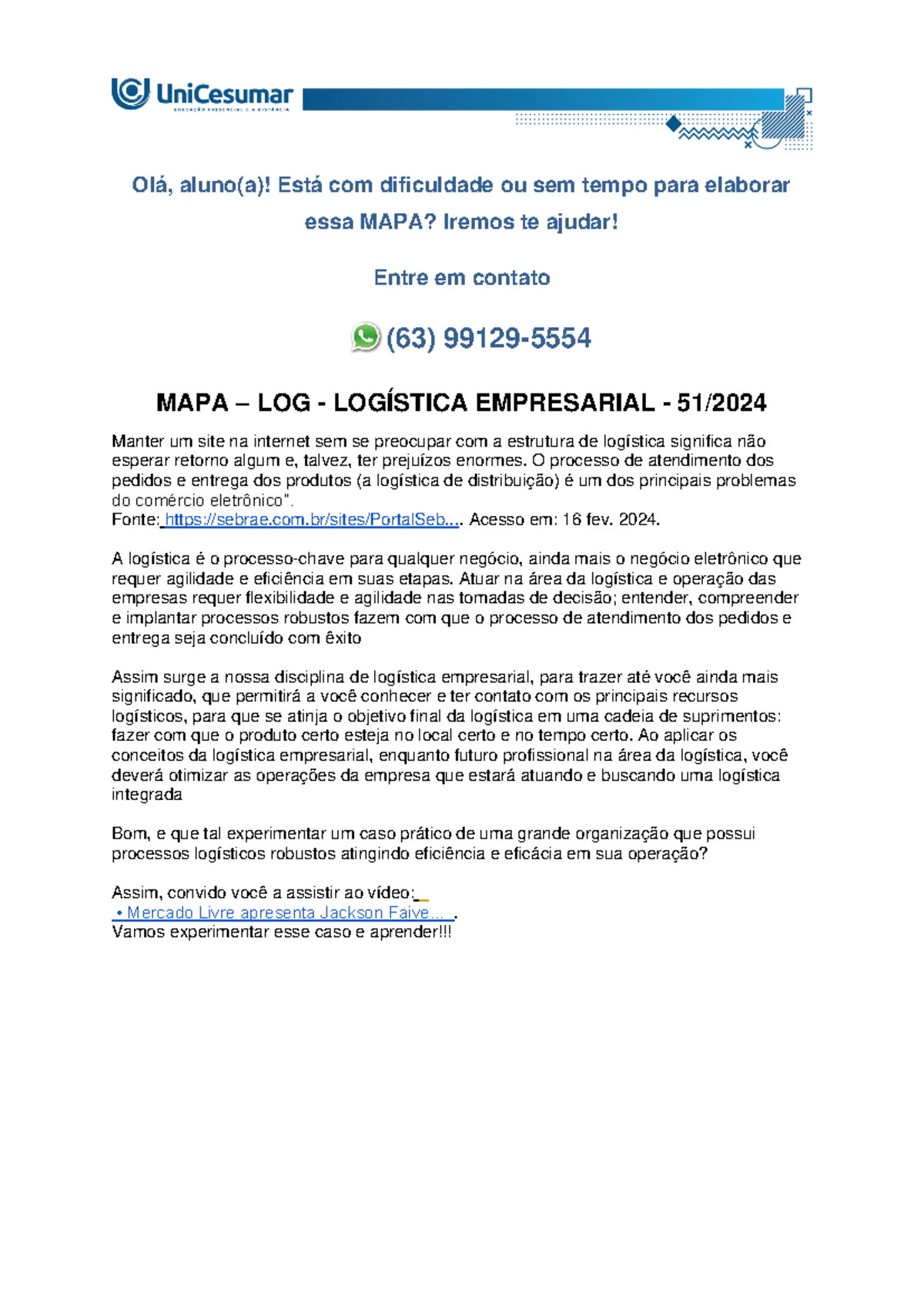 MAPA - LOG - LOGÍSTICA EMPRESARIAL - 51/2024 - Olá, aluno(a)! Está com ...