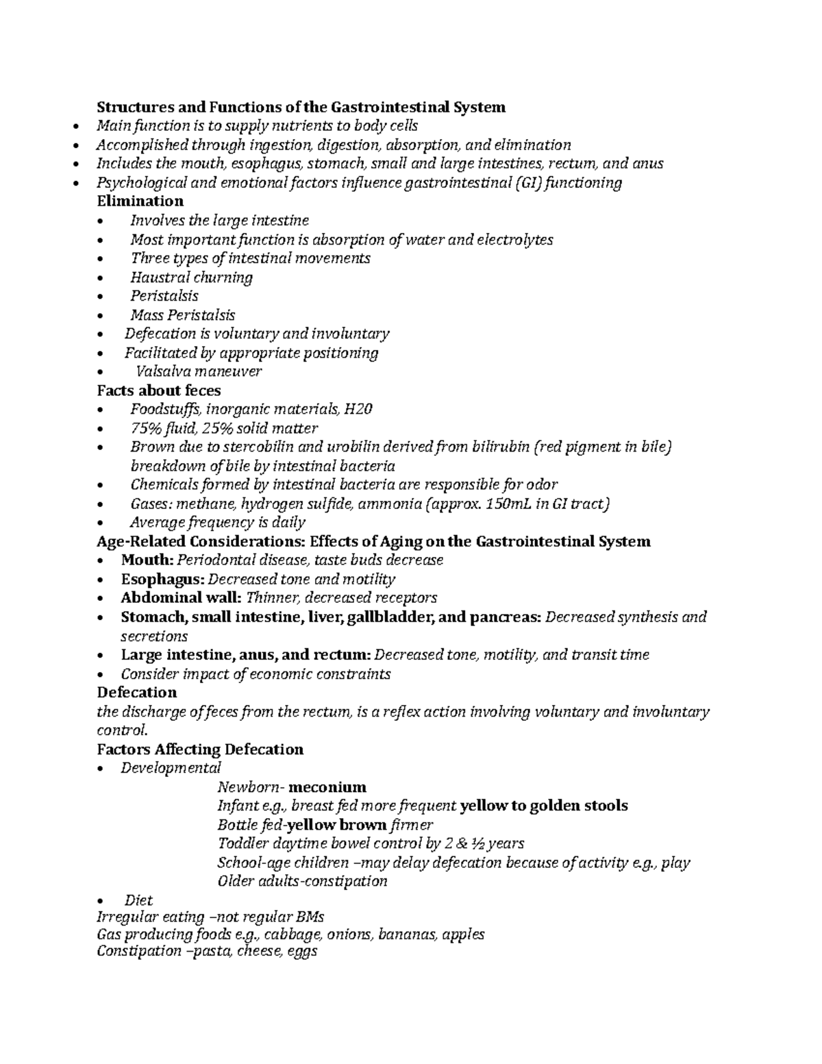 Altered Elimination - GastroIntestinal Notes - Structures and Functions ...