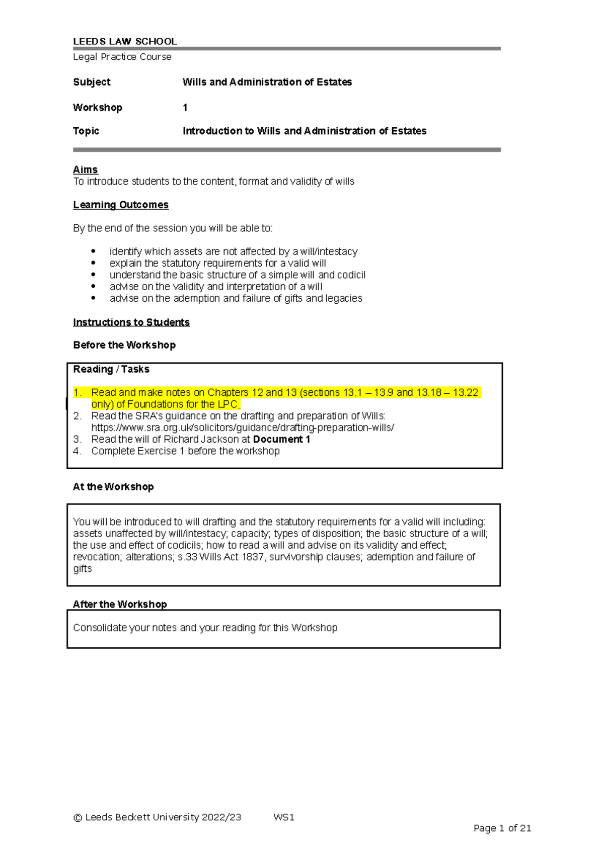 Workshop 1 - Legal Practice Course Subject Wills And Administration Of ...