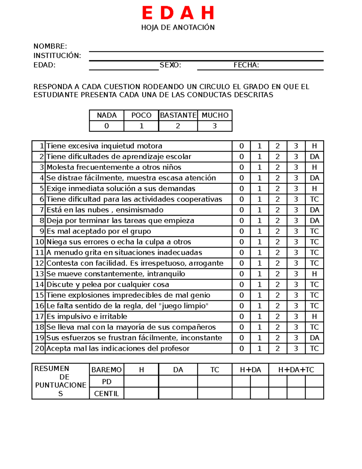 EDAH - Test de mucho aprovechamiento, para EDAH - E D A H HOJA DE ...