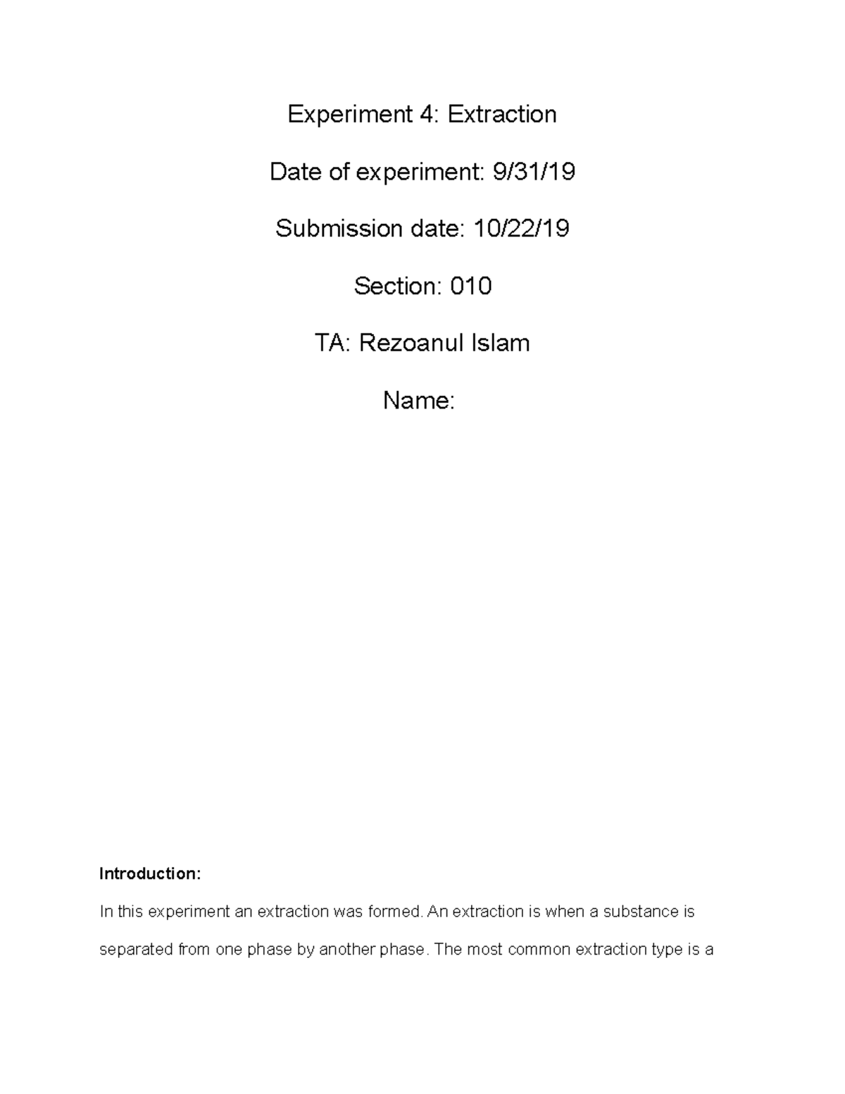 experiment 4 extraction lab report