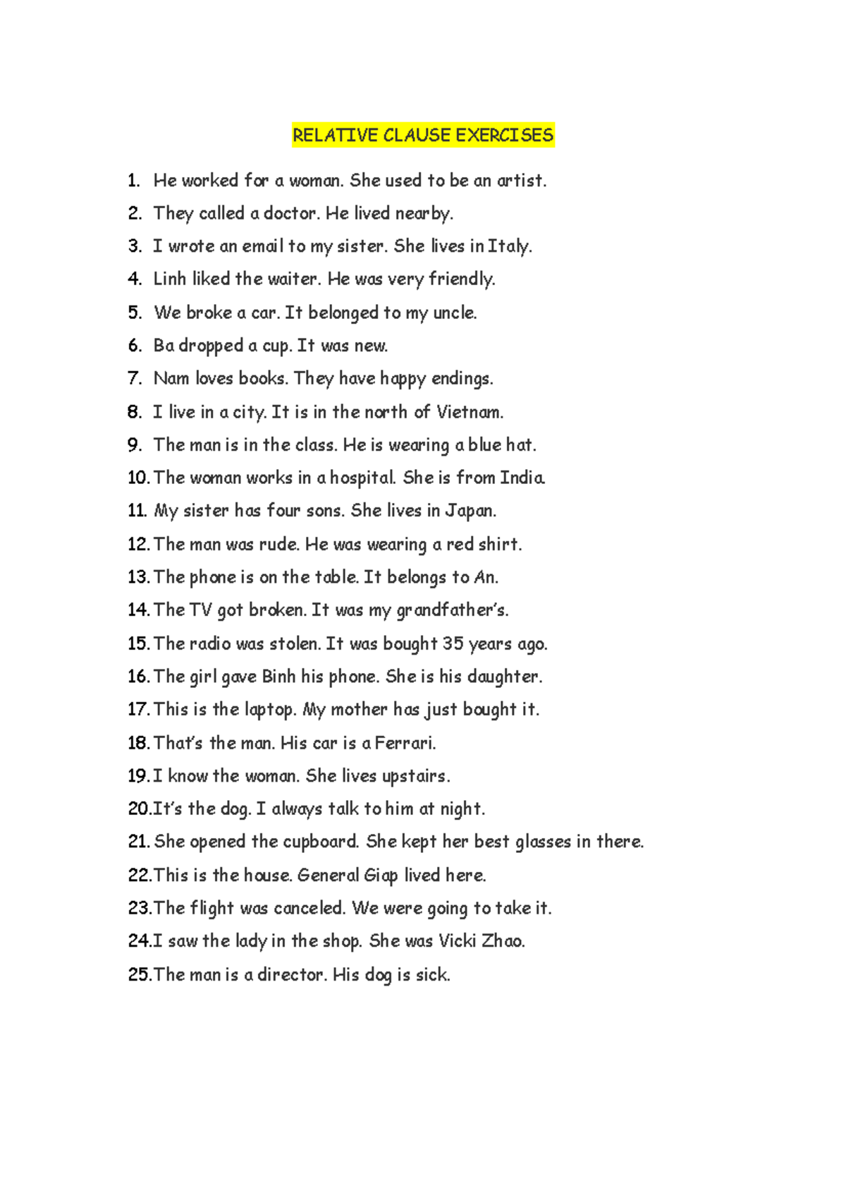 Relative Clause & Reported Speech Exercises - RELATIVE CLAUSE EXERCISES ...