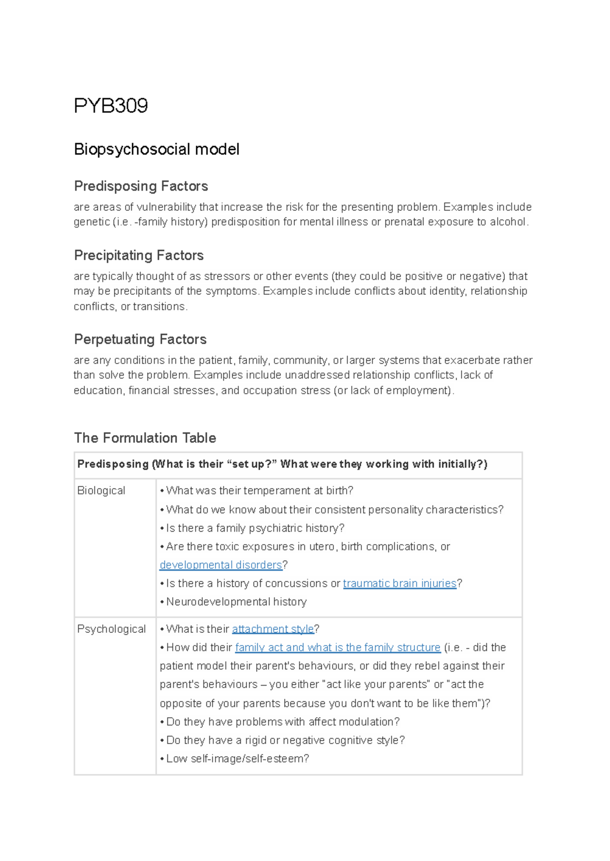 PYB309 - week 1 notes - PYB Biopsychosocial model Predisposing Factors ...