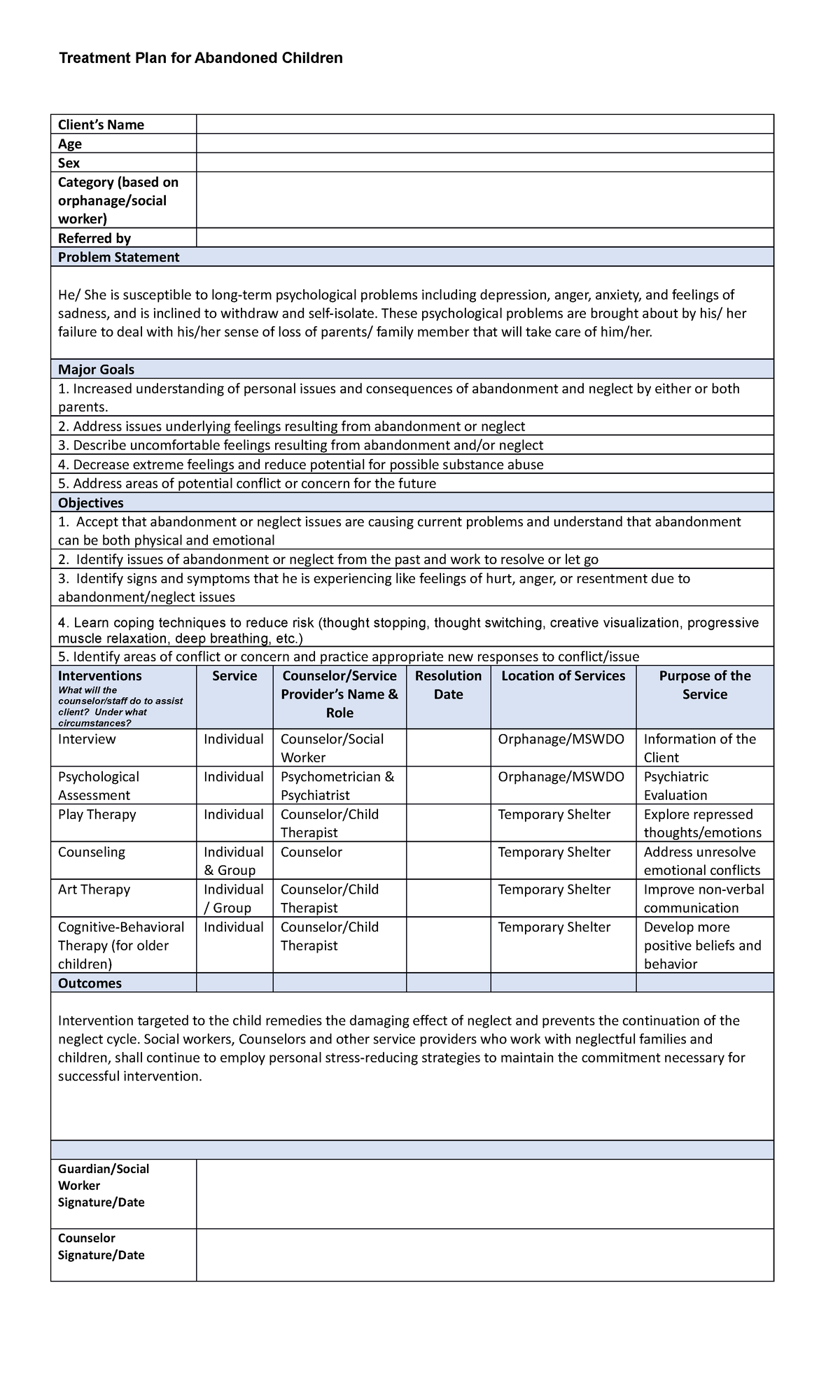 Treatment PLAN FOR Abandoned Children - Treatment Plan for Abandoned ...