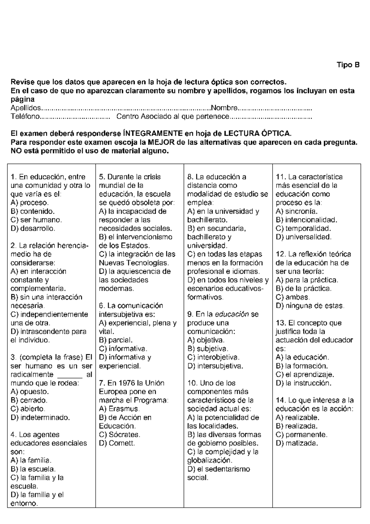 Examen Junio 2012, Preguntas - Tipo B Revise Que Los Datos Que Aparecen ...