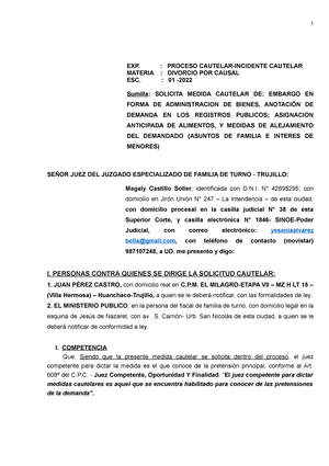 Modelo DE Medida Cautelar - EXP. : PROCESO CAUTELAR-INCIDENTE CAUTELAR  MATERIA : DIVORCIO POR CAUSAL - Studocu