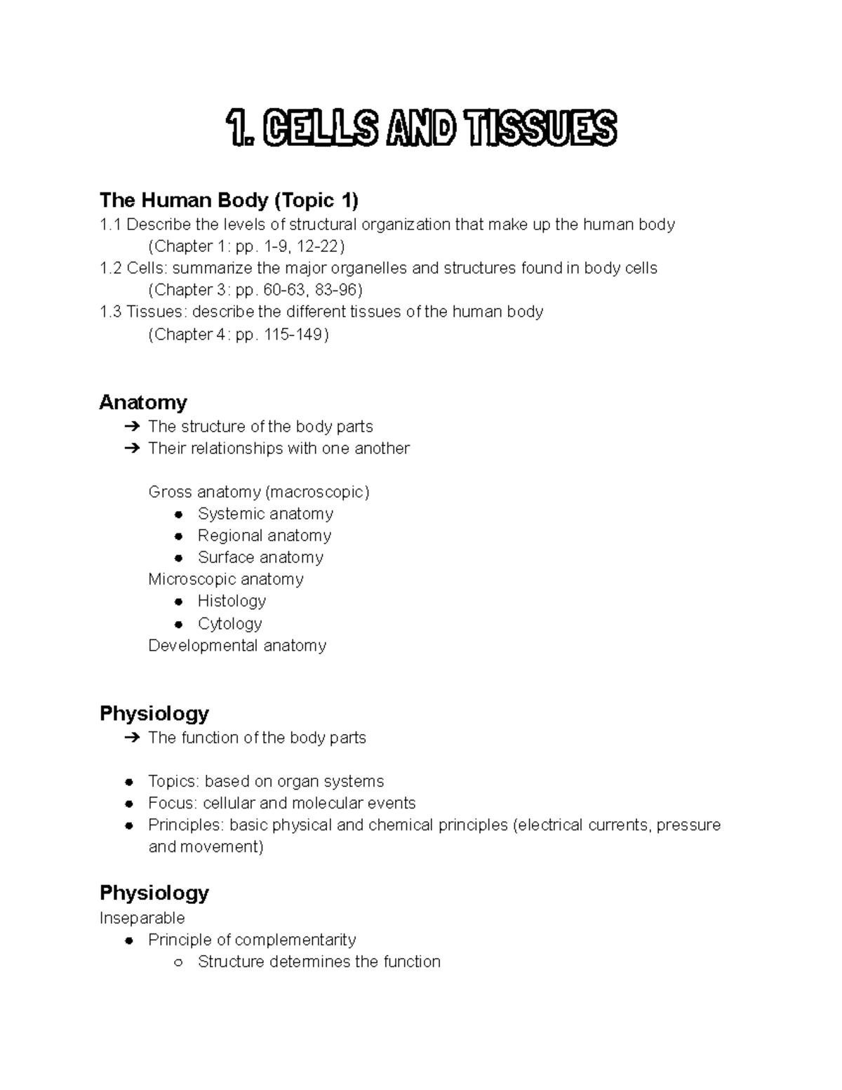 1 Cells And Tissues Lecture Notes Midterm 1 Part 1 1 Cells And