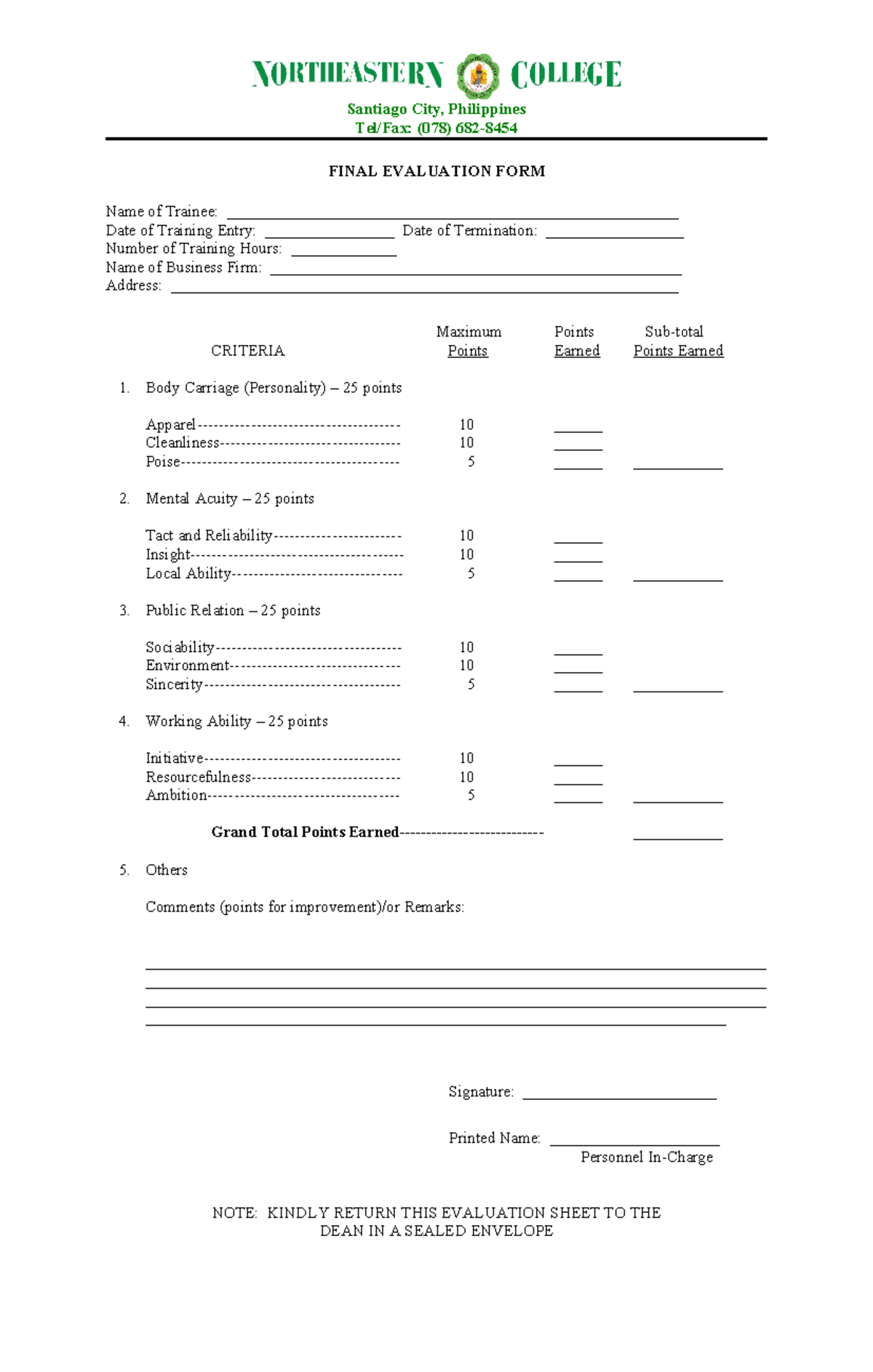 OJT Final Evaluation FORM - Santiago City, Philippines Tel/Fax: (078 ...