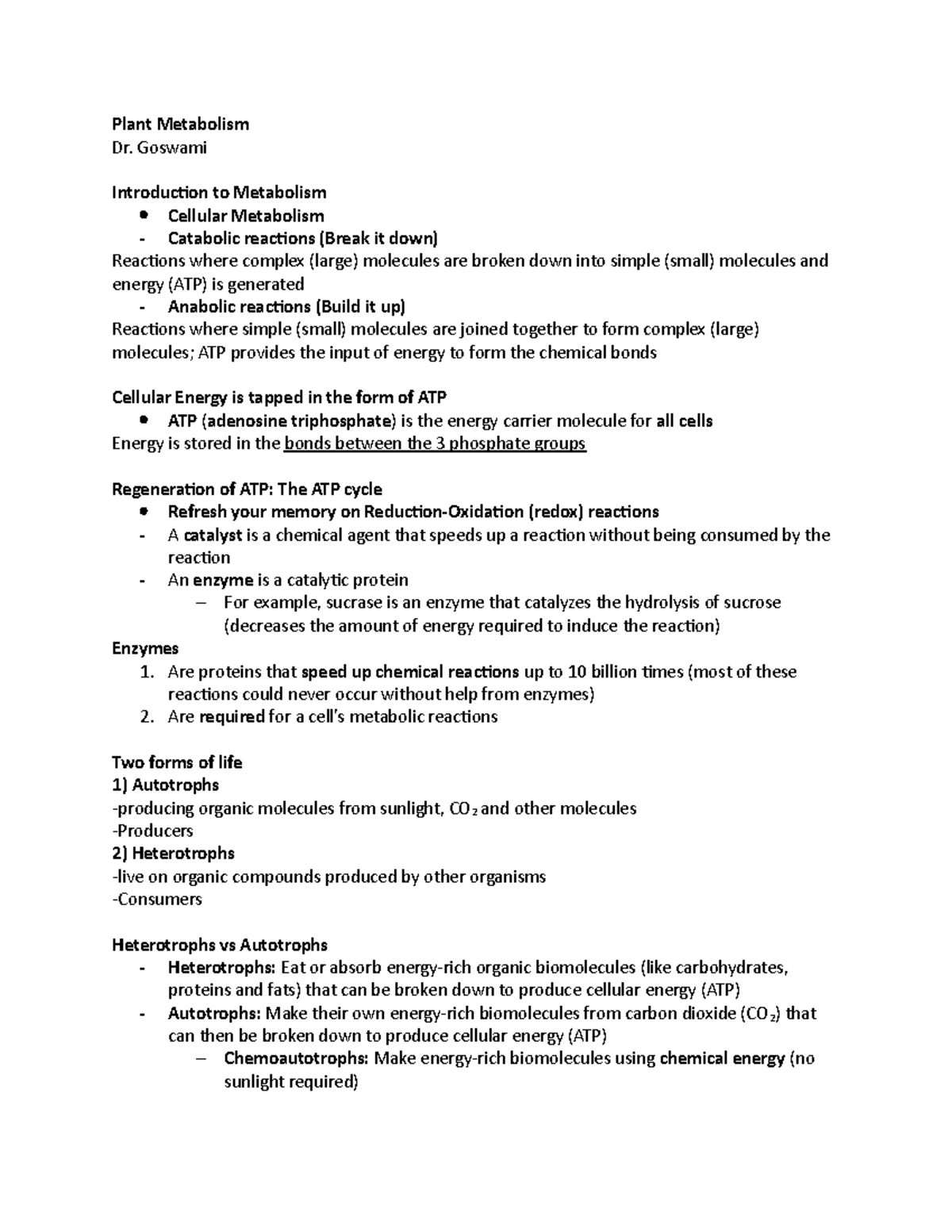 Plant Metabolism - Lecture Notes 7 - Plant Metabolism Dr. Goswami 