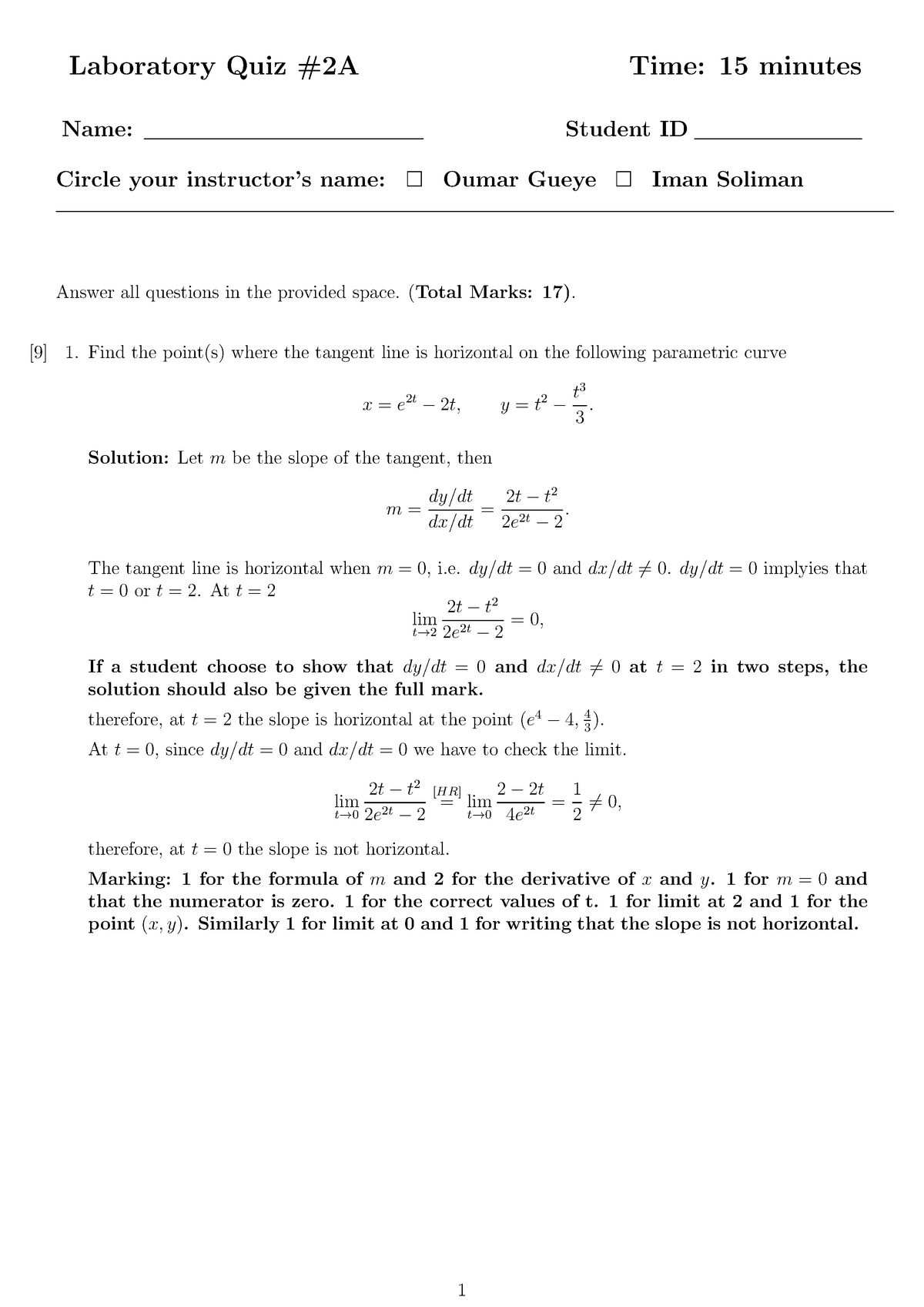 Key - Fall2015 Math1700 Quiz2A - Laboratory Quiz Time: 15 Minutes ...