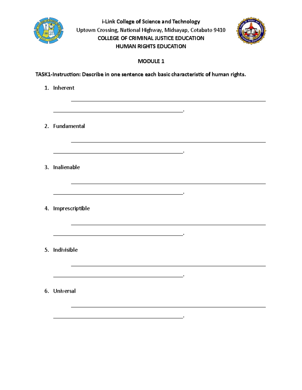 Module 1 HRE - notes - Uptown Crossing, National Highway, Midsayap ...