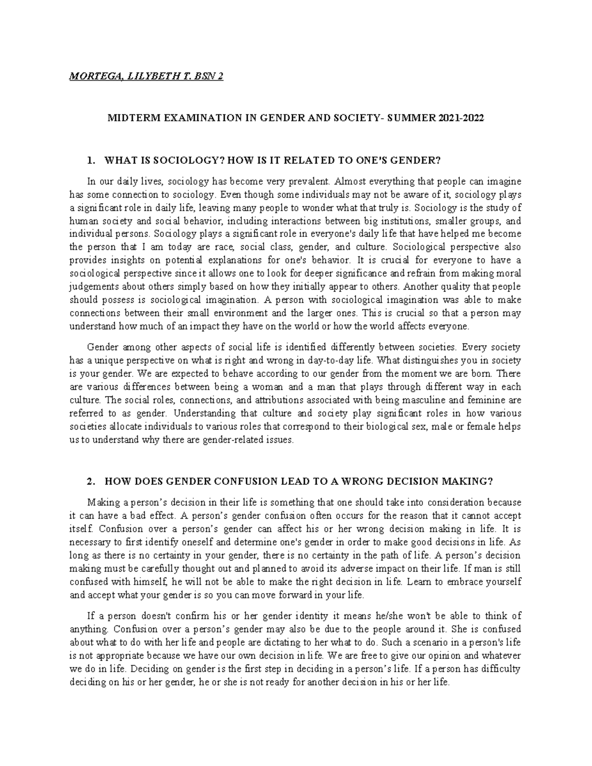 Midterm Examination IN Gender AND Society - MORTEGA, LILYBETH T. BSN 2 ...