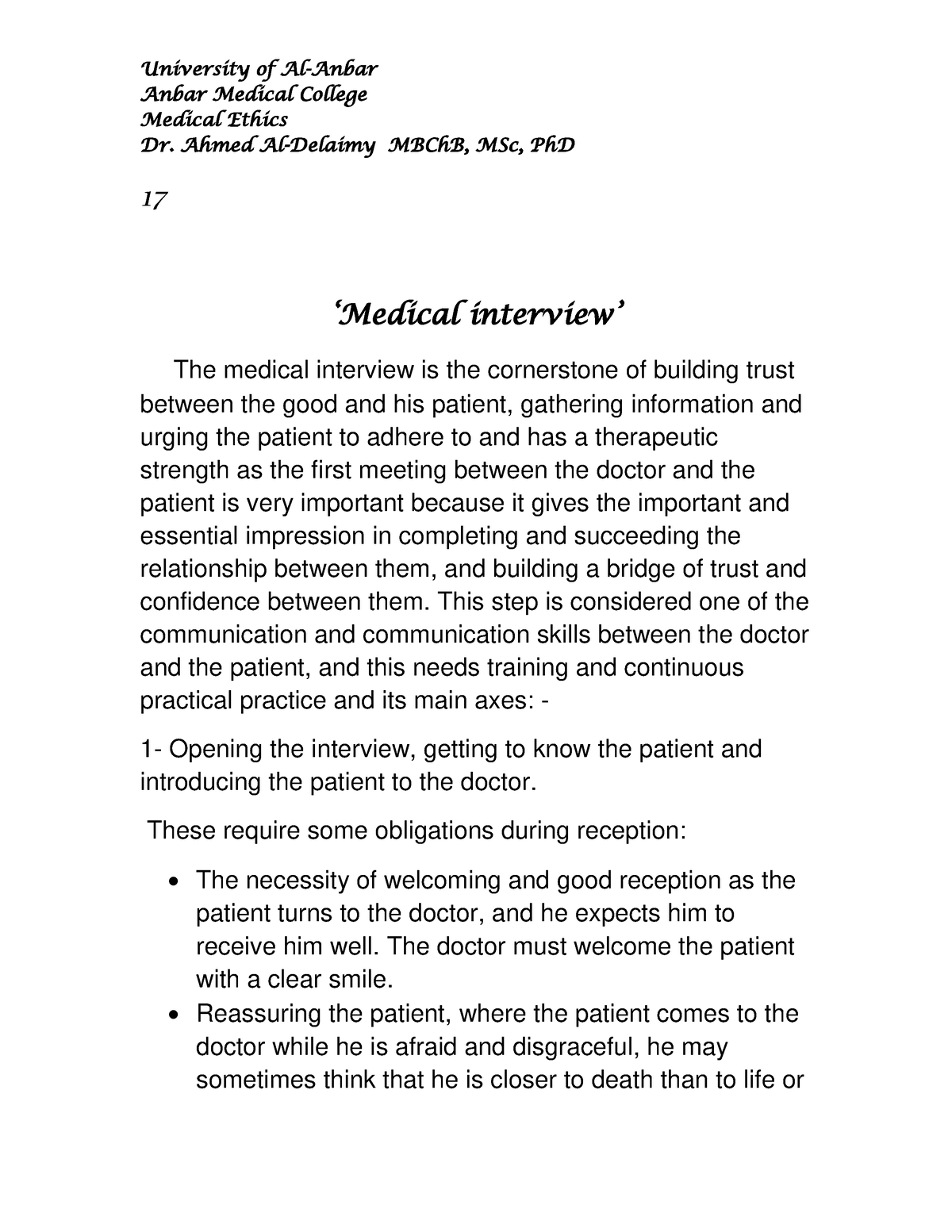 ‘Medical Interview’ - ‘Medical Interview’ - Anbar Medical College ...