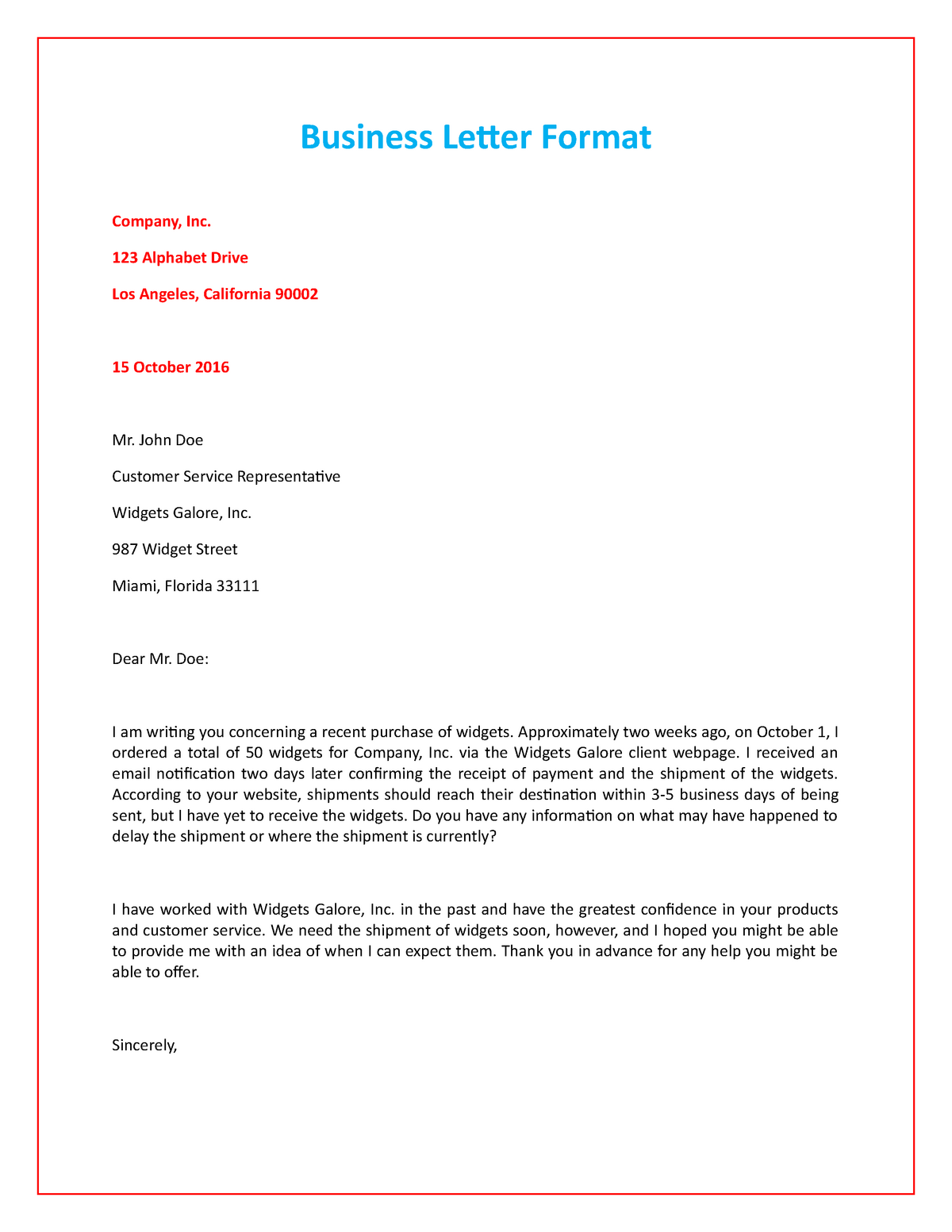 Sample business letter - Business Letter Format Company, Inc. 123 ...