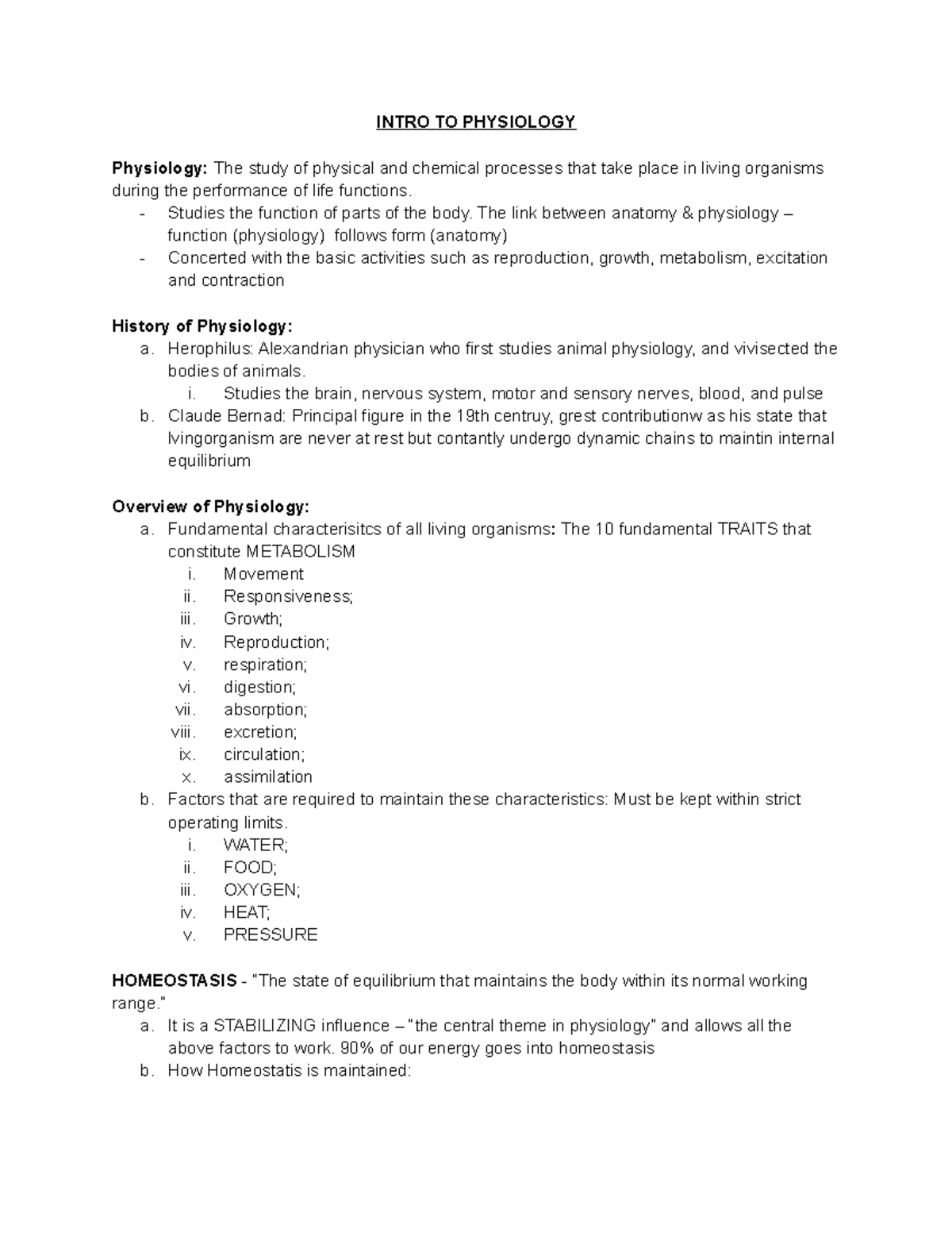 Gilbertson's Biology Chapter 40 Study Guide INTRO TO PHYSIOLOGY