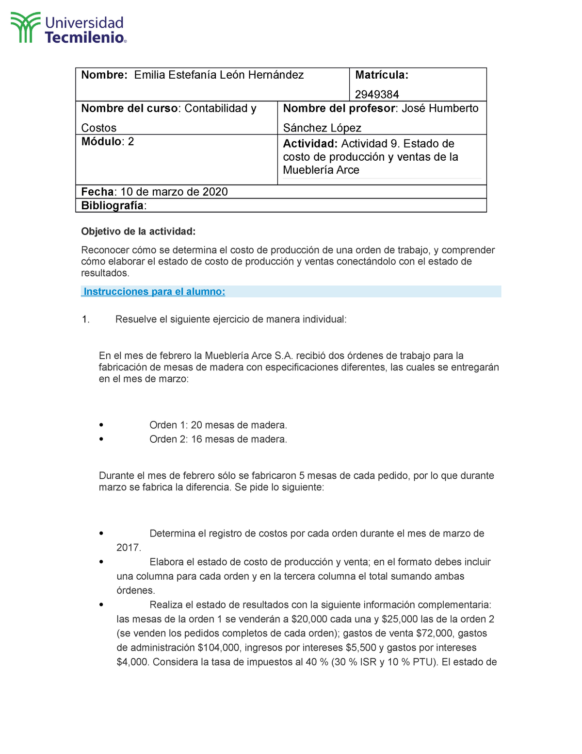 Actividad 9. Estado de costo de producción y ventas de la Mueblería ...