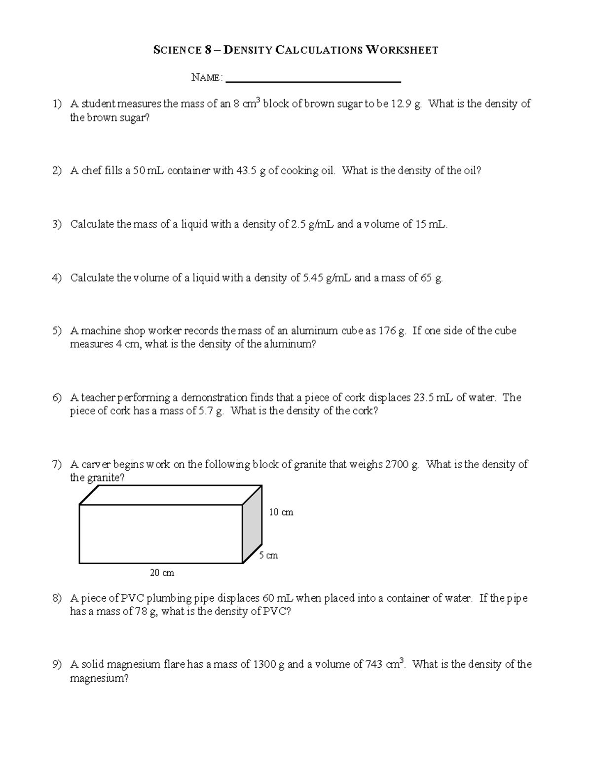 Density-worksheet 1 - Assignment - S CIENCE 8 – D ENSITY C ALCULATIONS ...