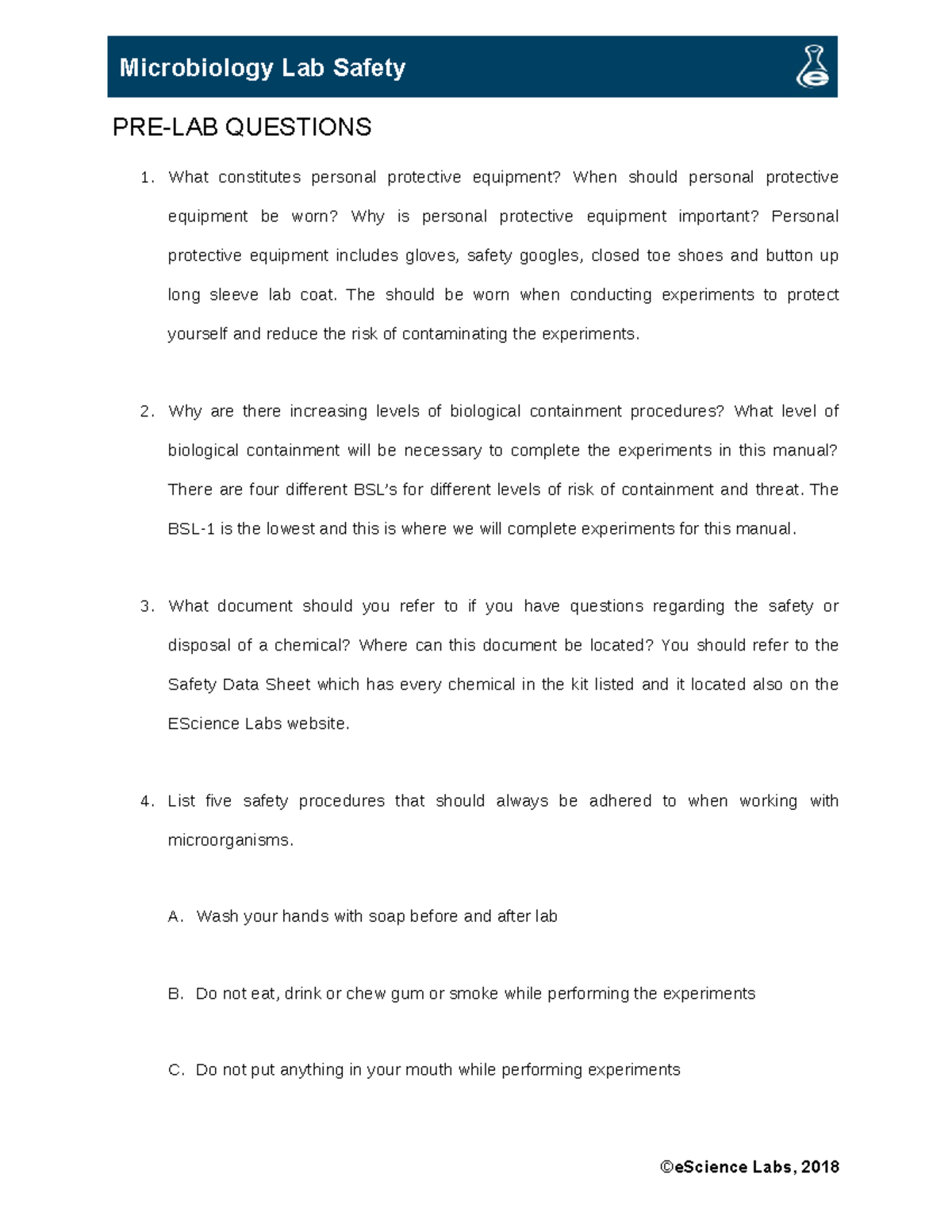 Microbiology Lab Safety PRELAB QUESTIONS What constitutes personal