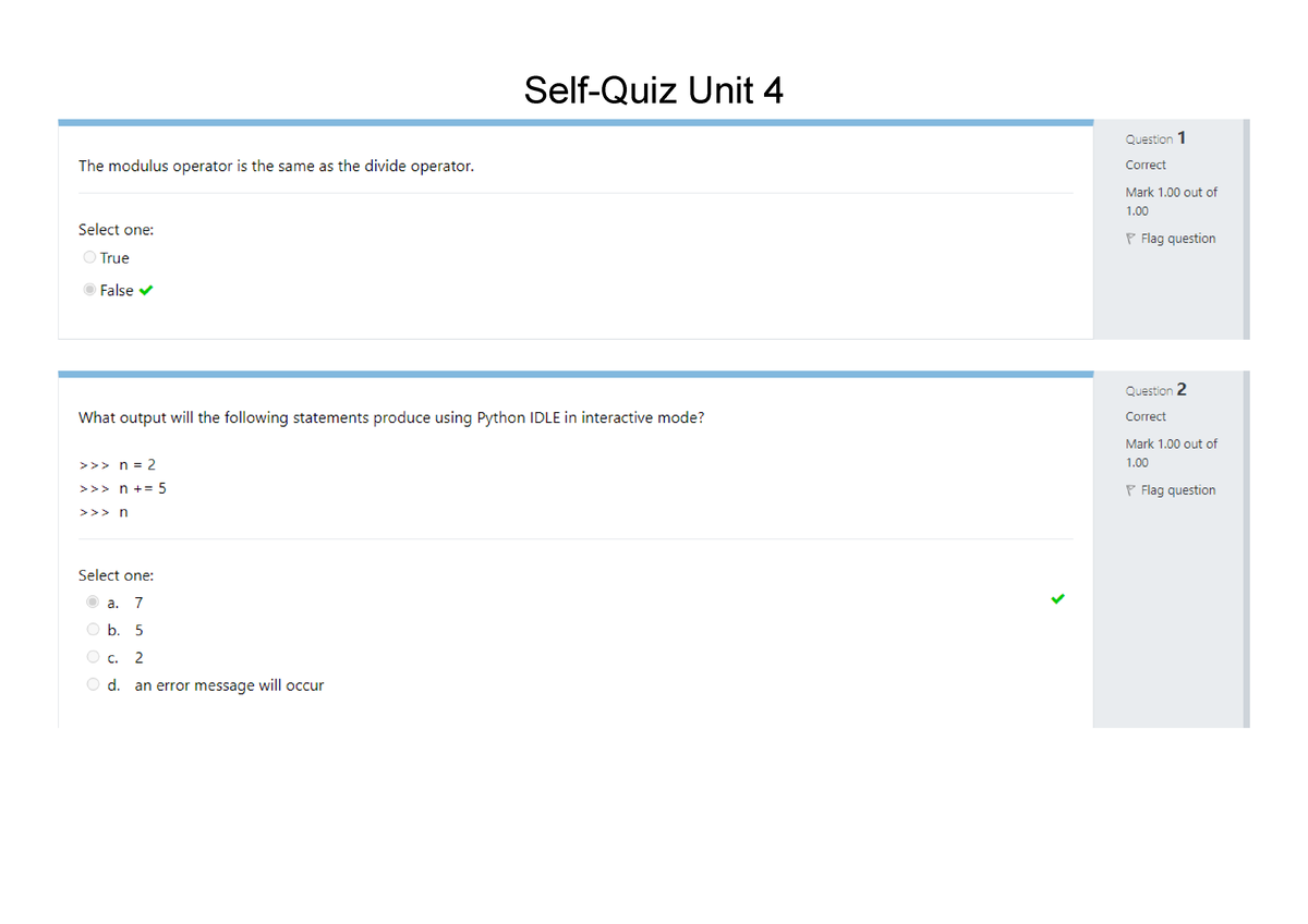 CS 1101 Self-Quiz Unit 4 (Stu Docu) - CS1101 - Self-Quiz Unit - Studocu