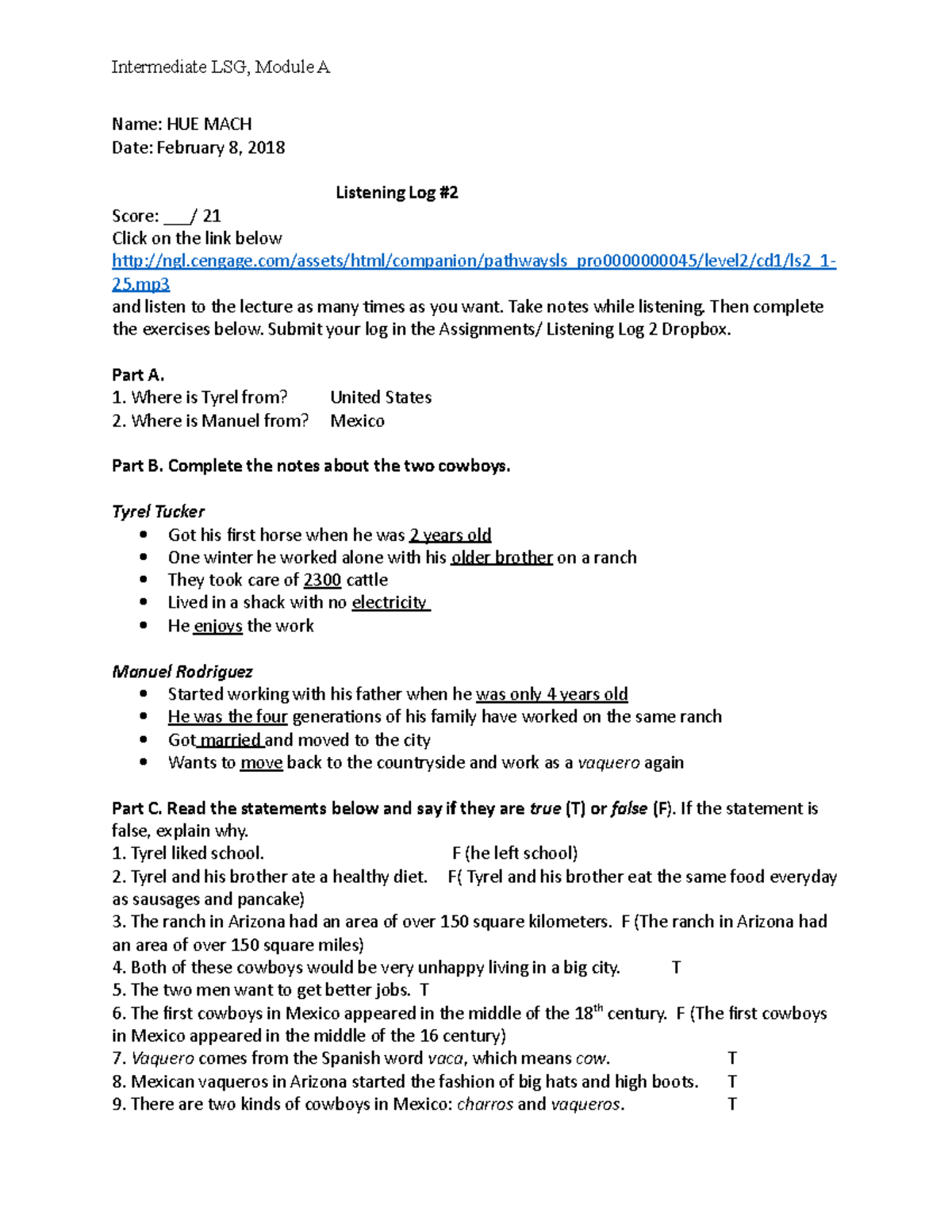 Listening+Log+2 - listening log - Intermediate LSG, Module A Name: HUE ...