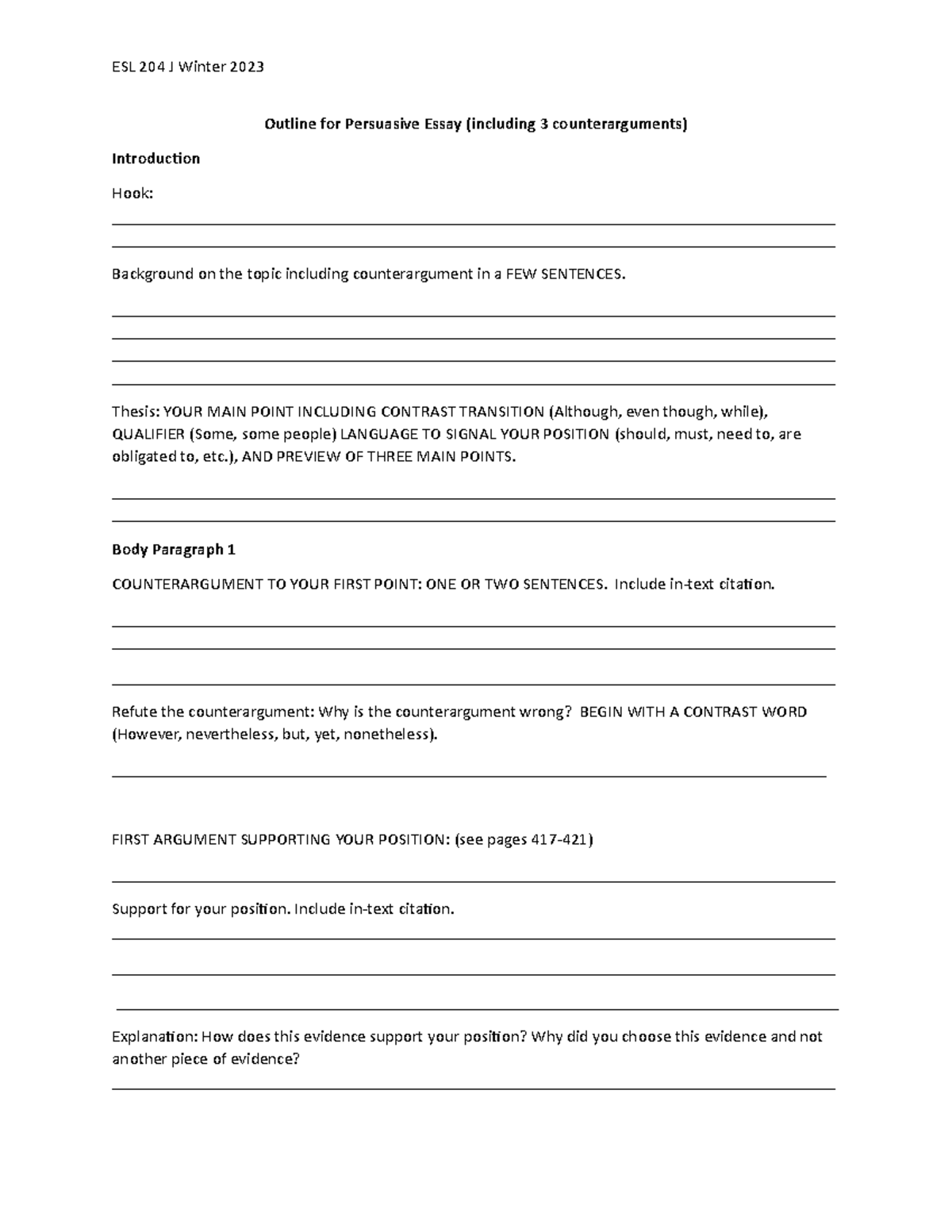 Argumentative Essay Outline - ESL 204 J Winter 2023 Outline for ...