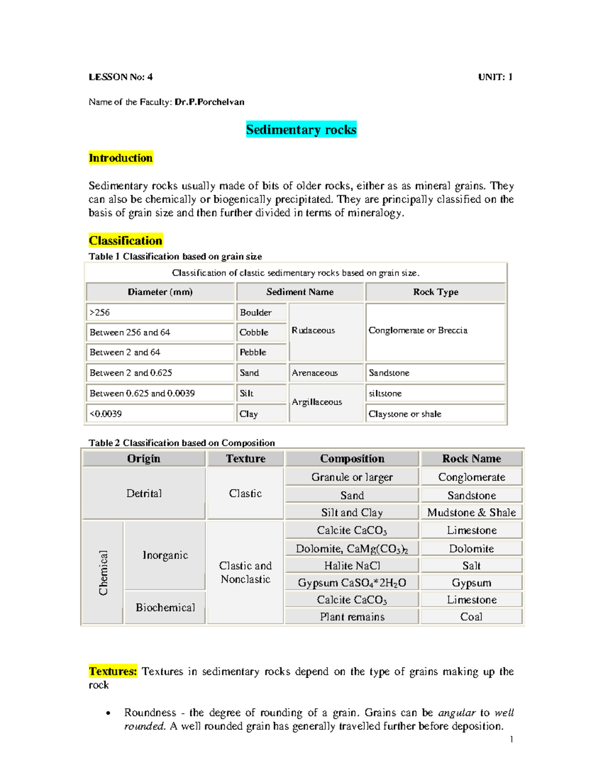 Sedimentary Rocks - done - LESSON No: 4 UNIT: 1 Name of the Faculty: Dr ...