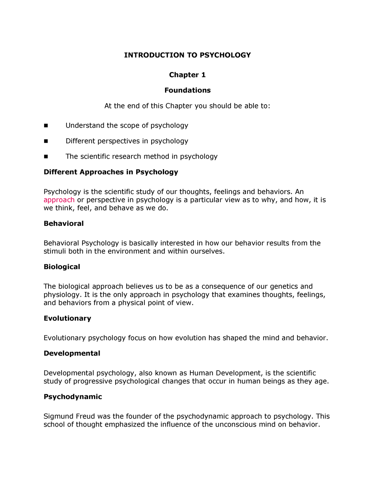 Psychology Lecture 1 Introduction To Psychology Chapter 1 Foundations At The End Of This 