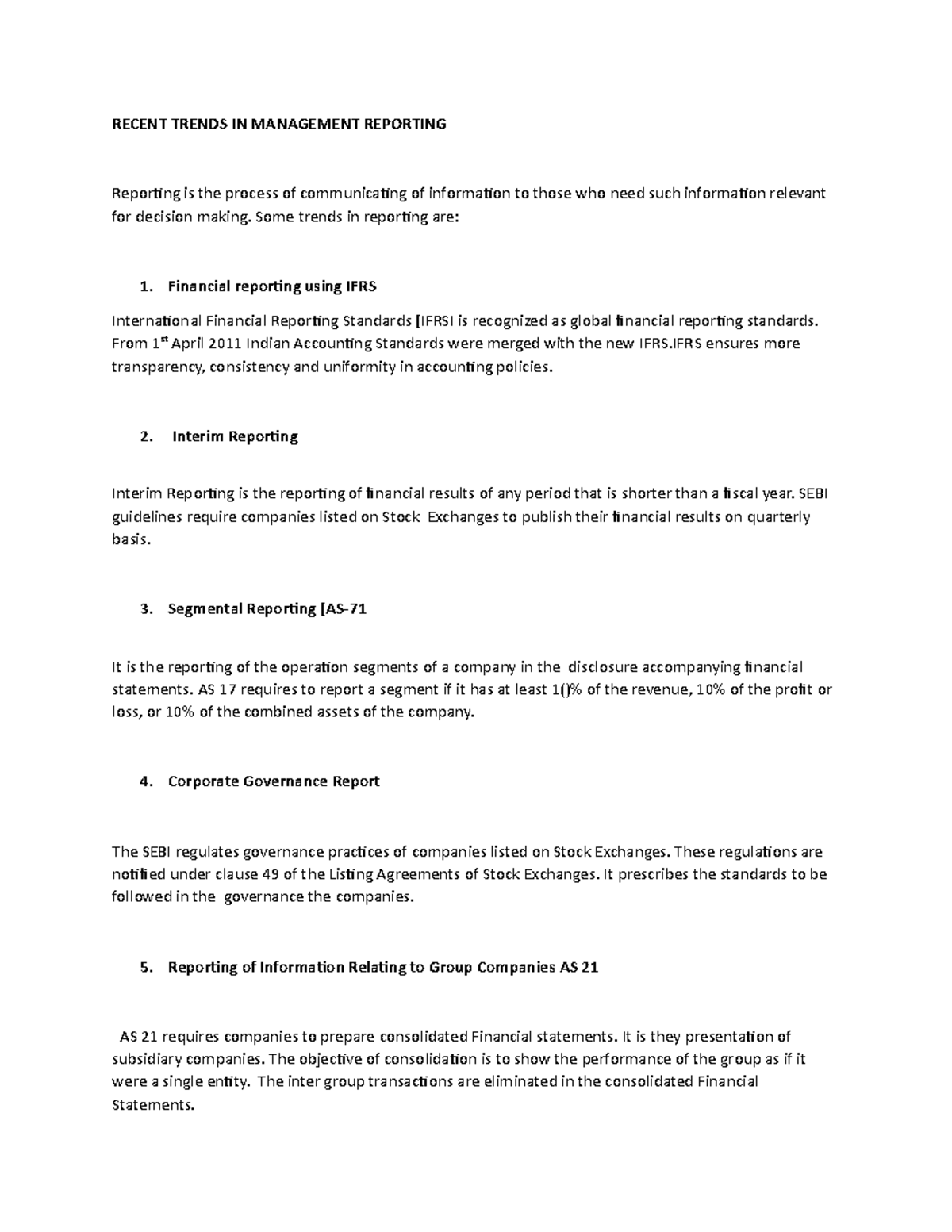 Management reporting - Business studies - RECENT TRENDS IN MANAGEMENT ...