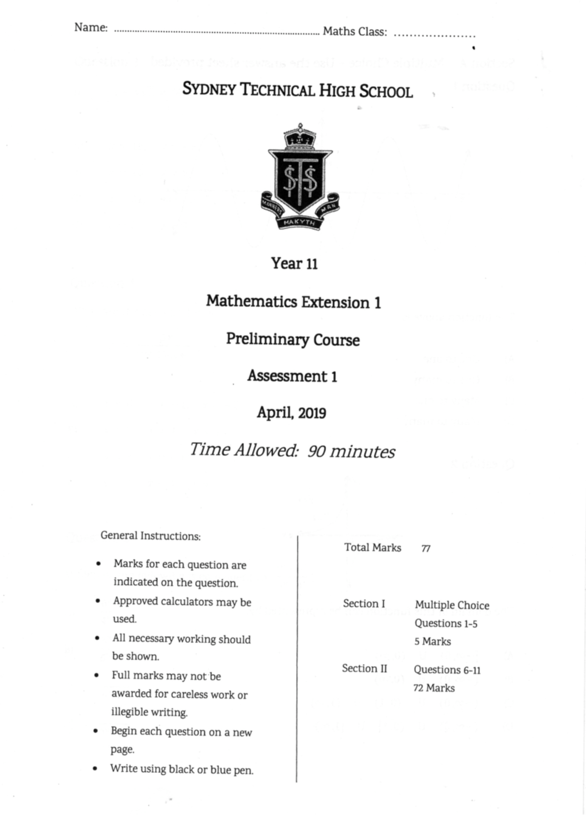 YR11 3U 2019 ASS1 - Exam paper - Year 11 extension 1 assessment 1 2019 ...