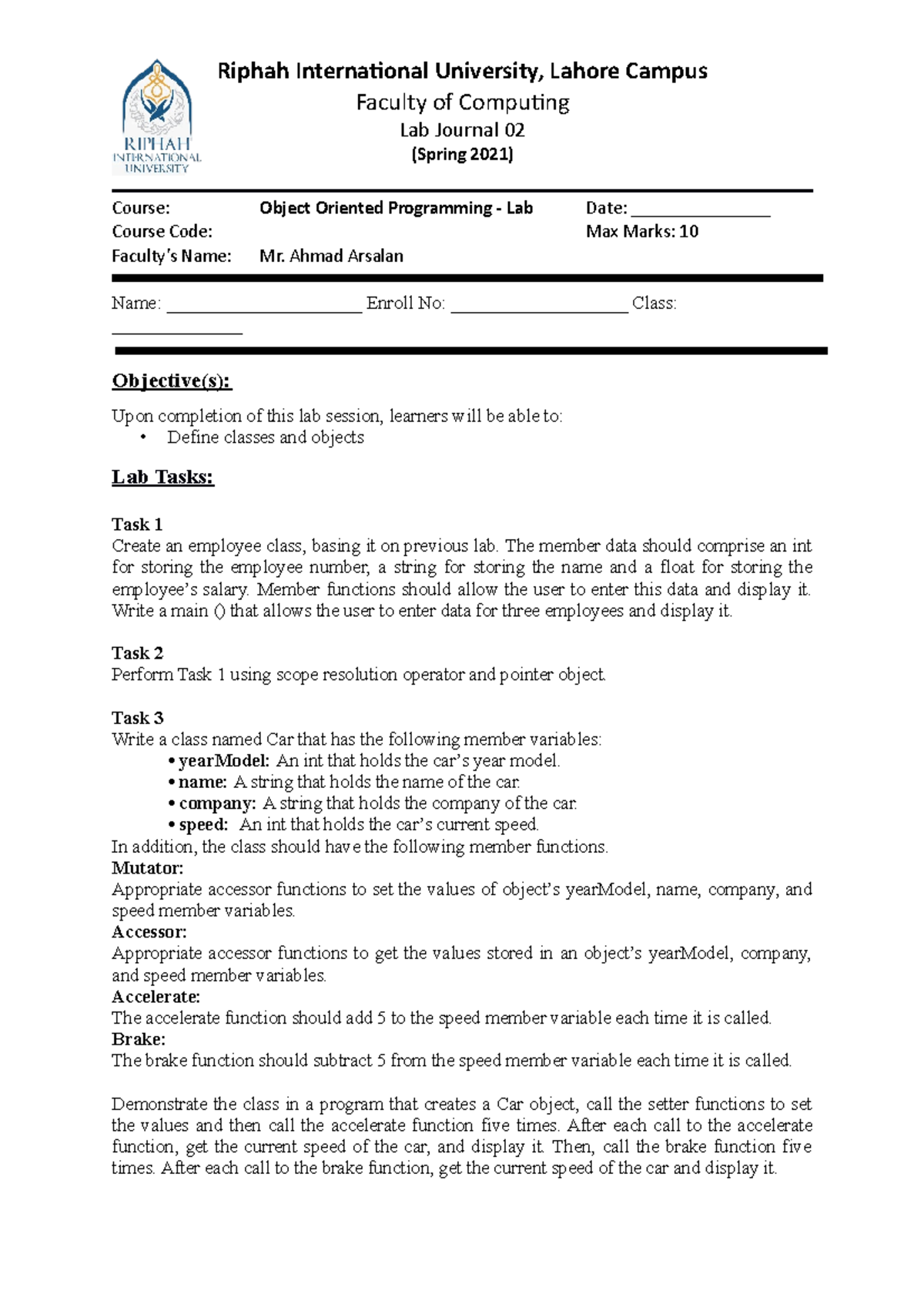 Lab Journal - 02 (OOP) - Grade: sfhn - Riphah International University ...