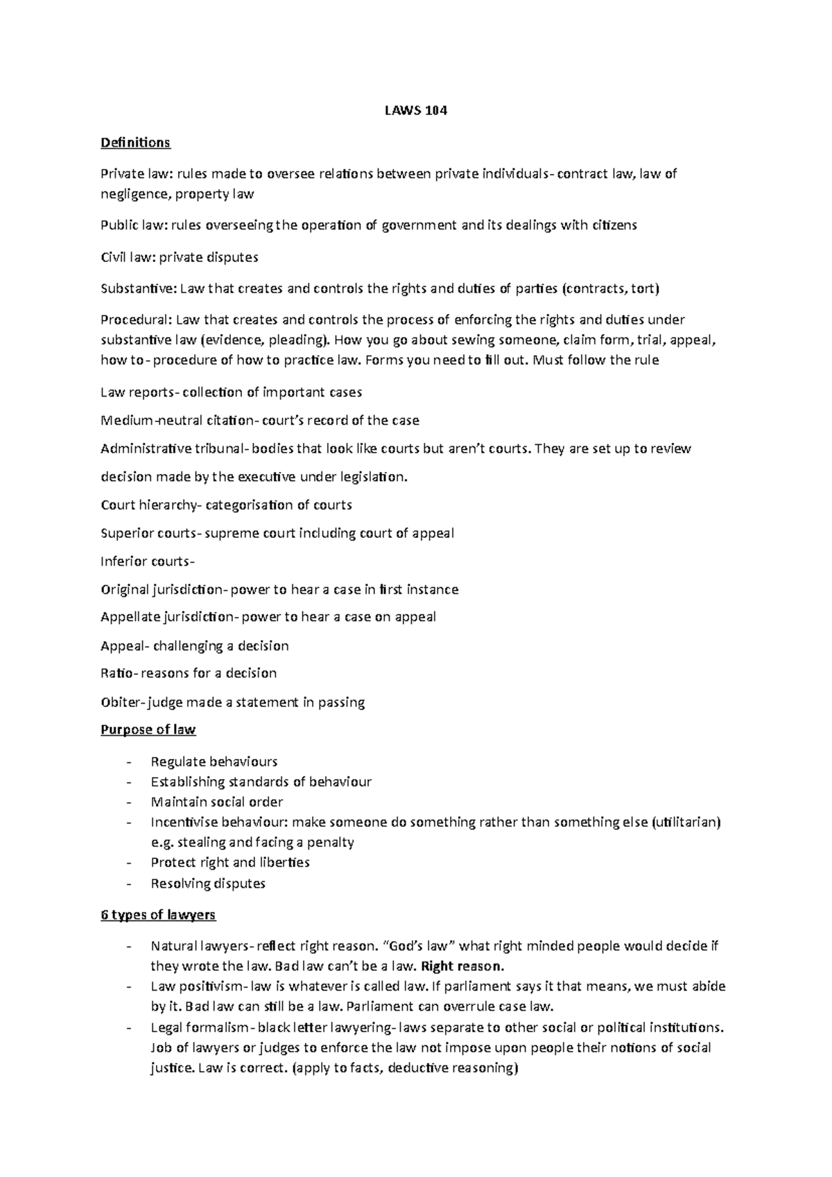 LAWS 104 notes - LAWS 104 Definitions Private law: rules made to ...
