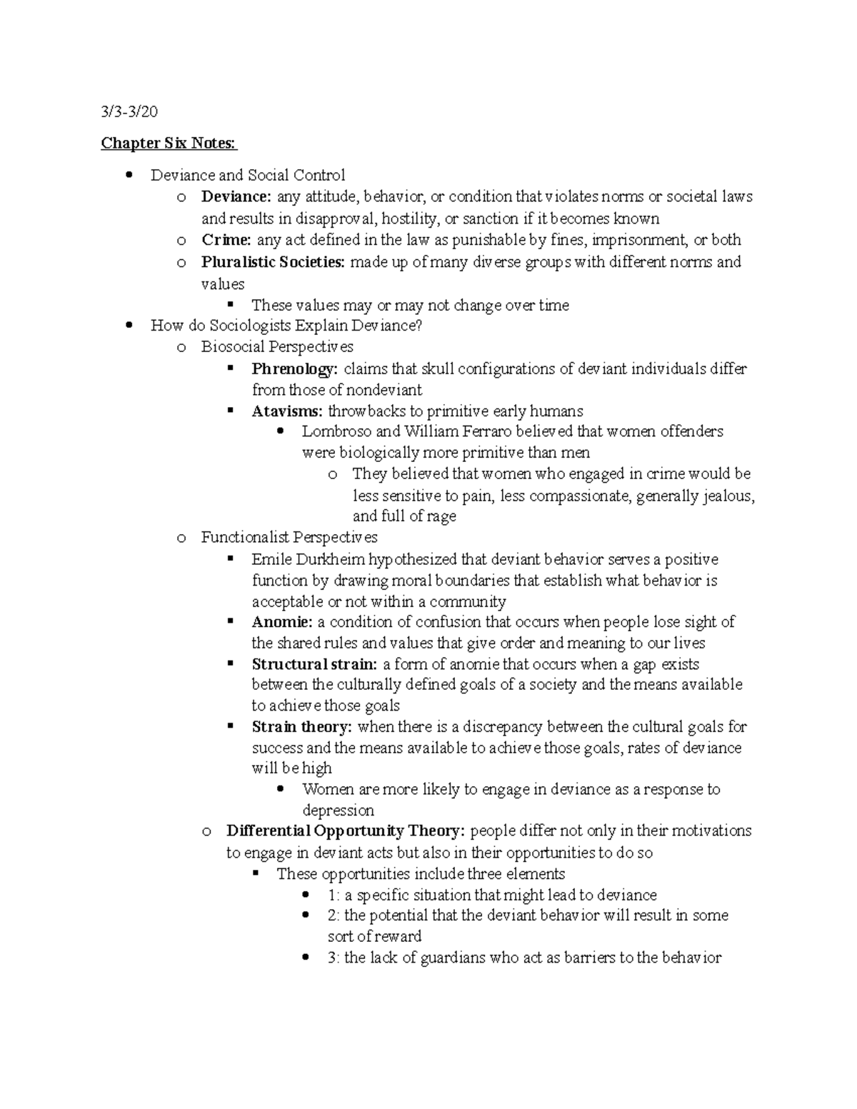 Notes C6 SOC 101 copy - 3/3-3/ Chapter Six Notes: Deviance and Social ...