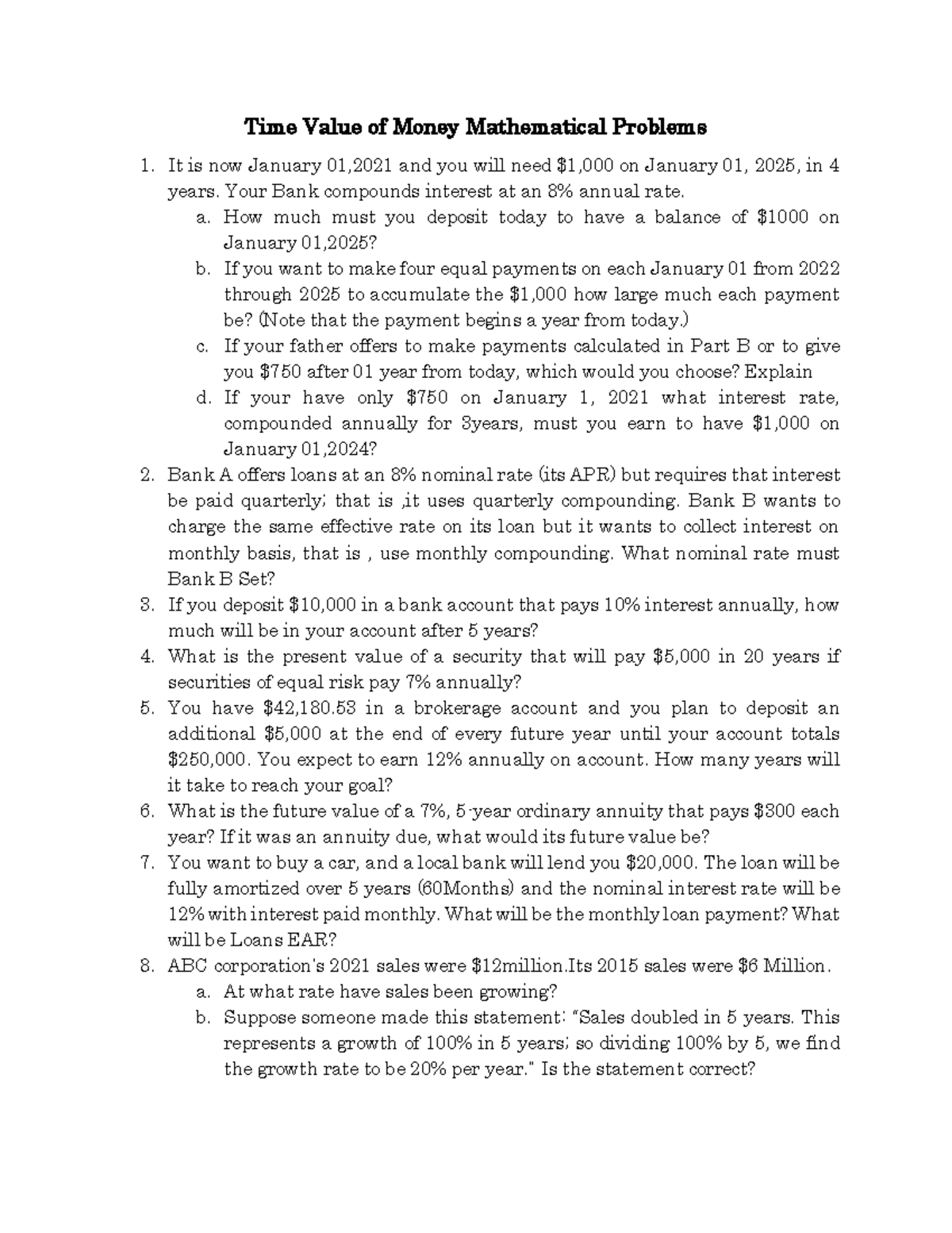 Assignment 1 Time Value of Money Mathemath problems Time Value of