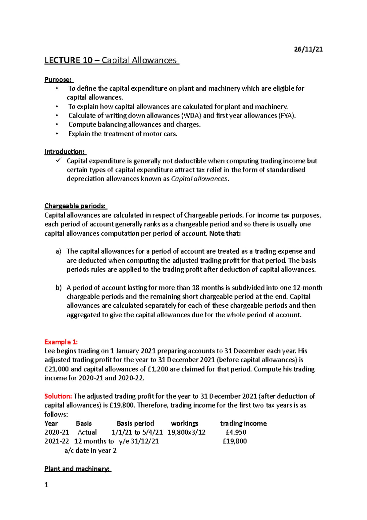 Capital Allowances 26/11/ LECTURE 10 Capital Allowances Purpose