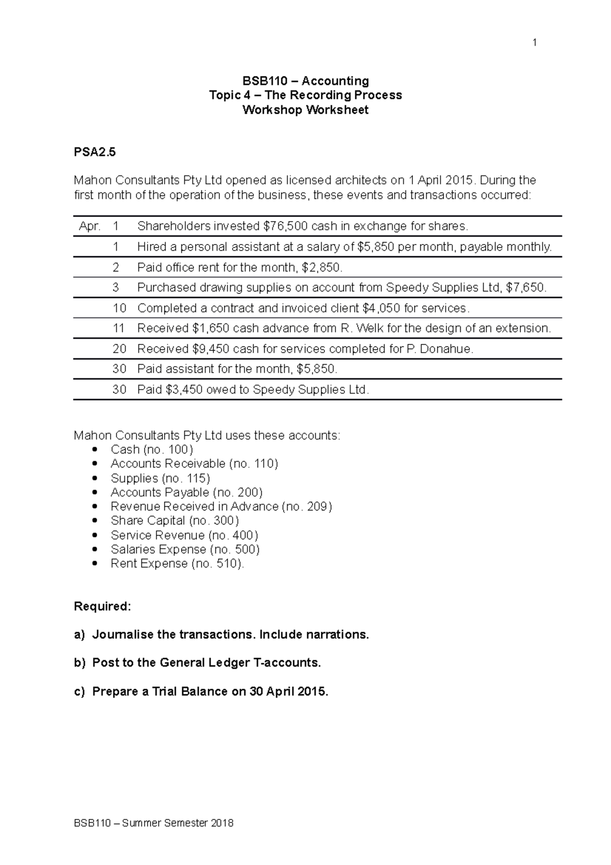 Topic 4 - Workshop - Worksheet - 6.12.18 - 1 BSB110 – Accounting Topic ...