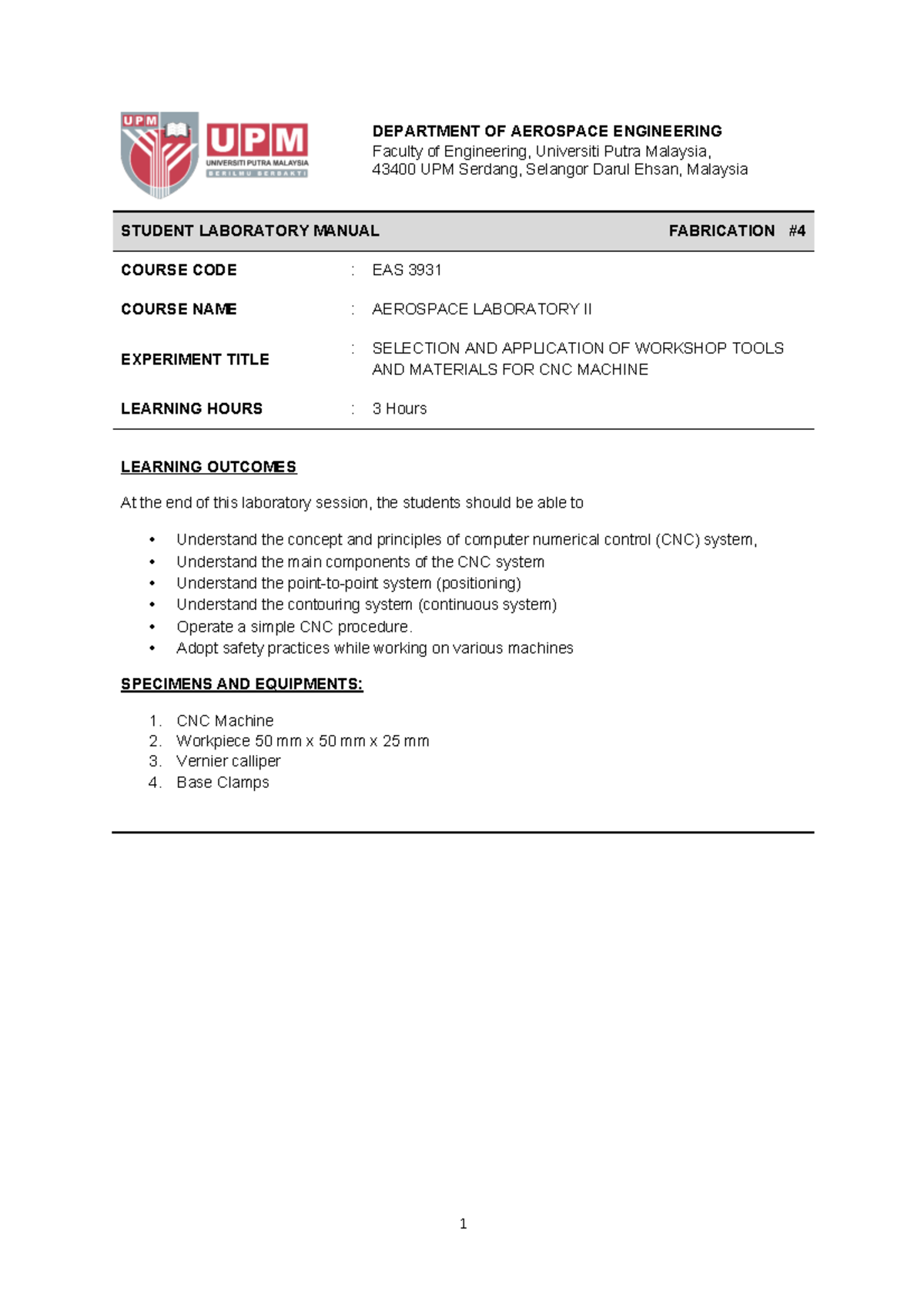 LAB Manual EXP CNC Machine Final - 1 DEPARTMENT OF AEROSPACE ...
