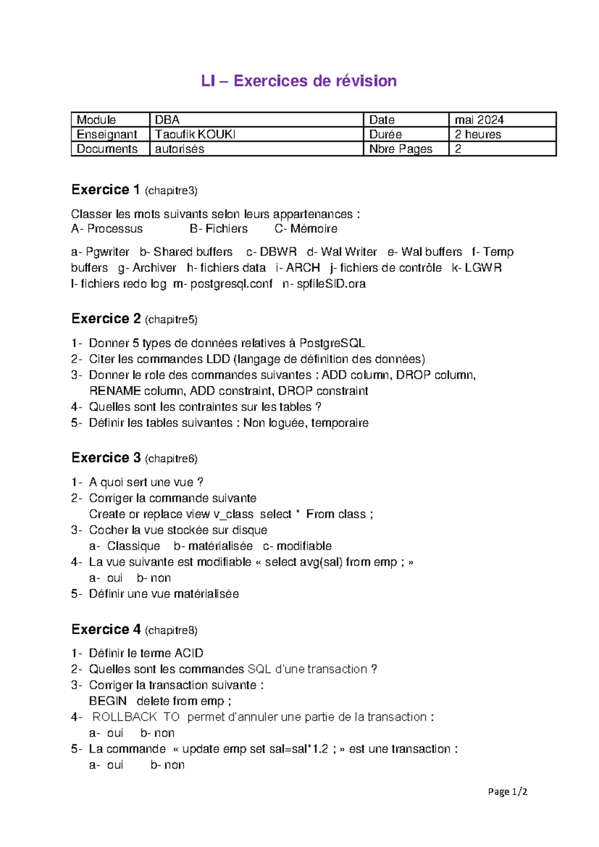 LI exercices revision - informatique - Page 1/ LI – Exercices de ...