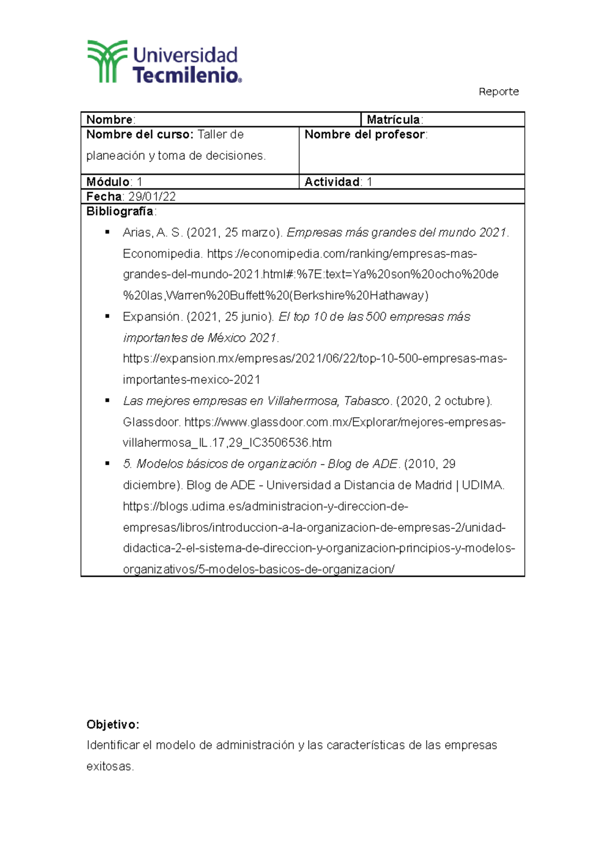 Reporte Actividad 1_Taller de planeación y toma de decisiones - Nombre ...