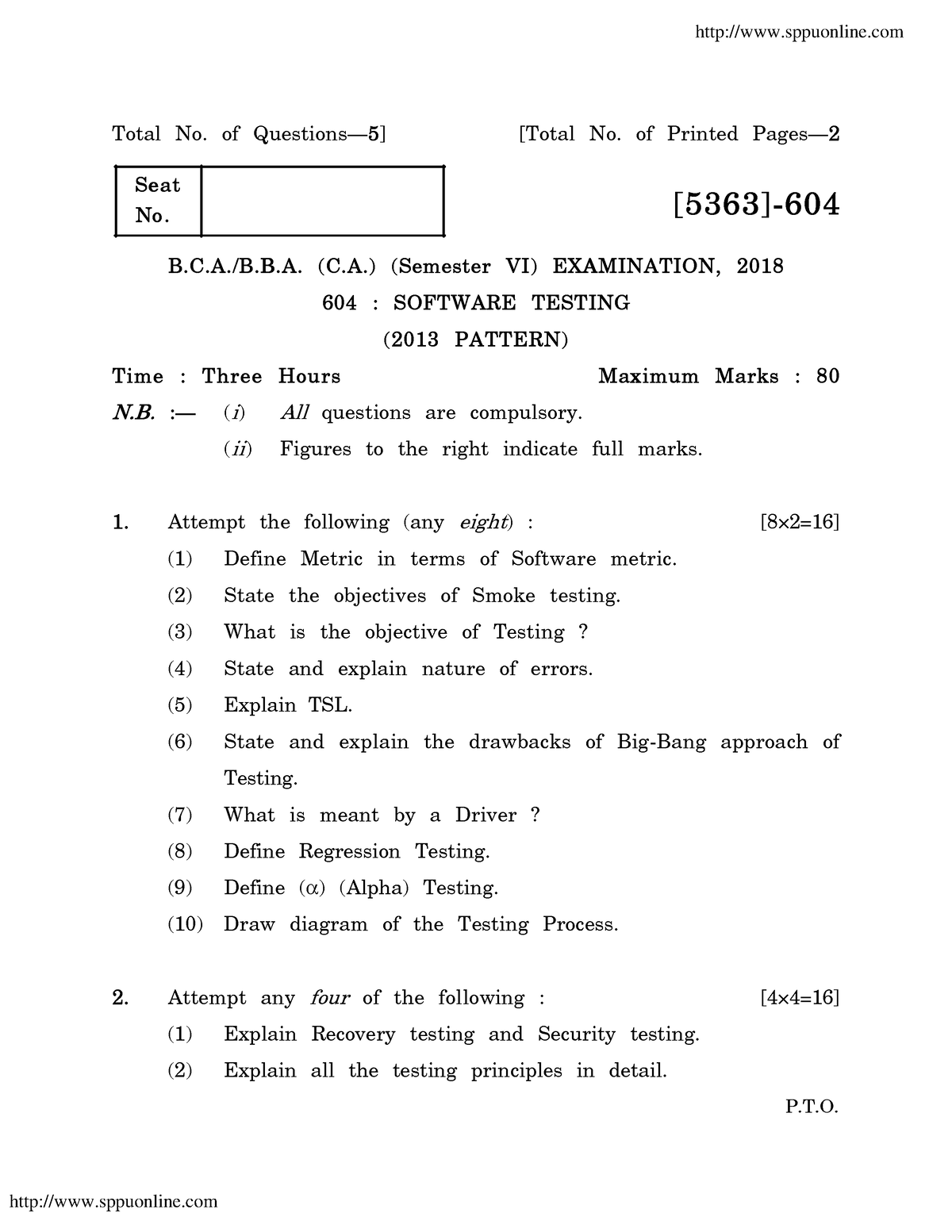 Bba Bca 6 Sem Software Testing 604 P13 Apr 2018 - P.T. Total No. Of ...